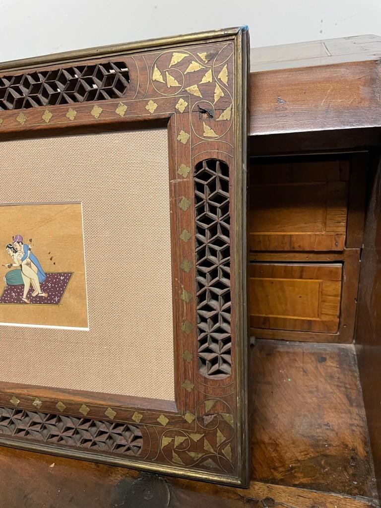Anglo-Indian 19th Century Indian Erotic Kama Sutra Tantric Gouache in Inlaid Fretwork Frame For Sale