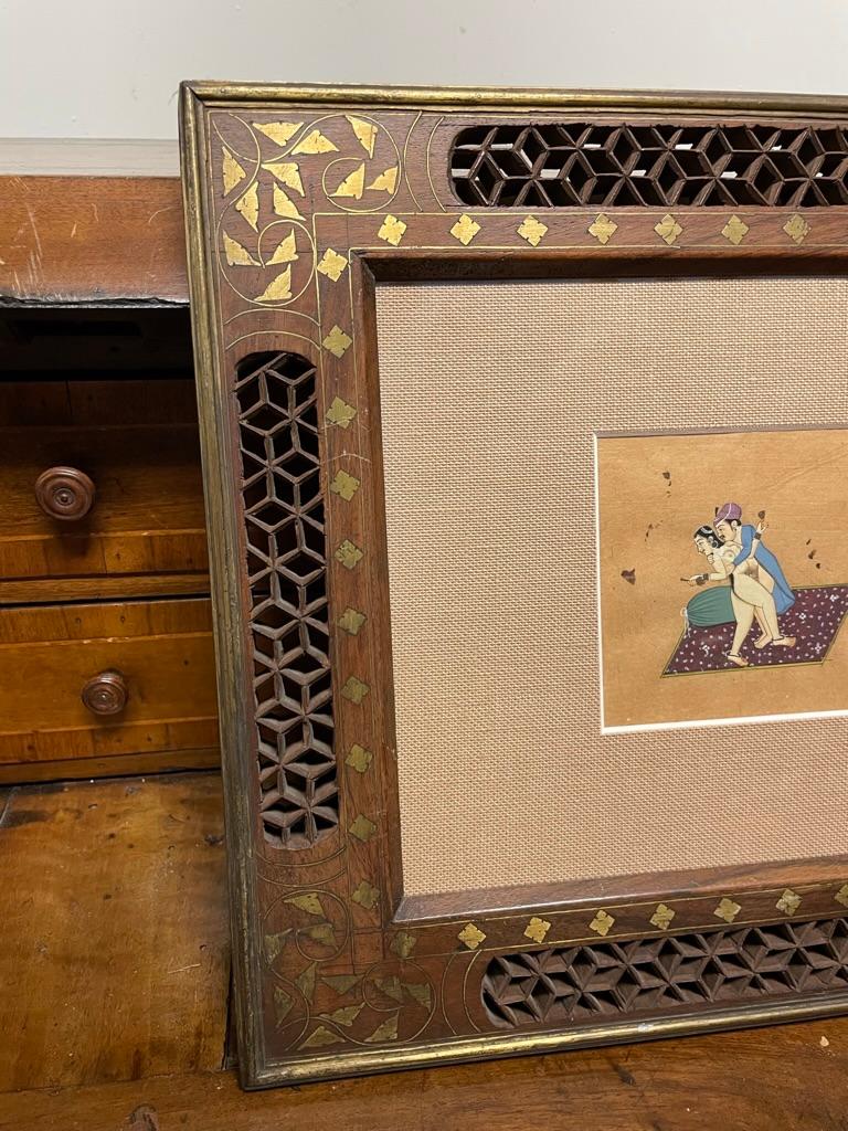 19th Century Indian Erotic Kama Sutra Tantric Gouache in Inlaid Fretwork Frame In Good Condition For Sale In Stamford, CT