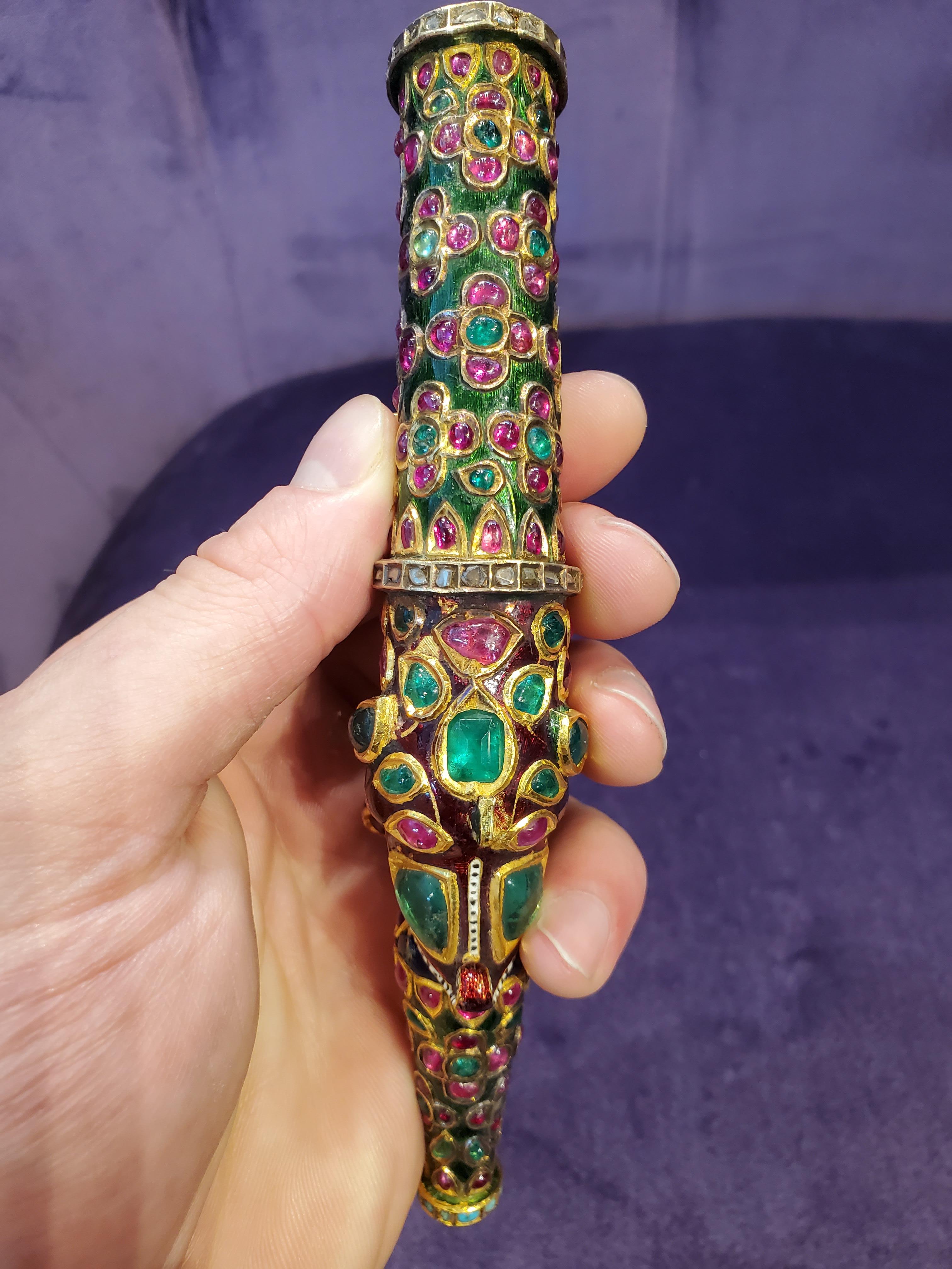 19th Century Indian Gemstone and Enamel Water Pipe or Hooka Makara Mouth Piece For Sale 9