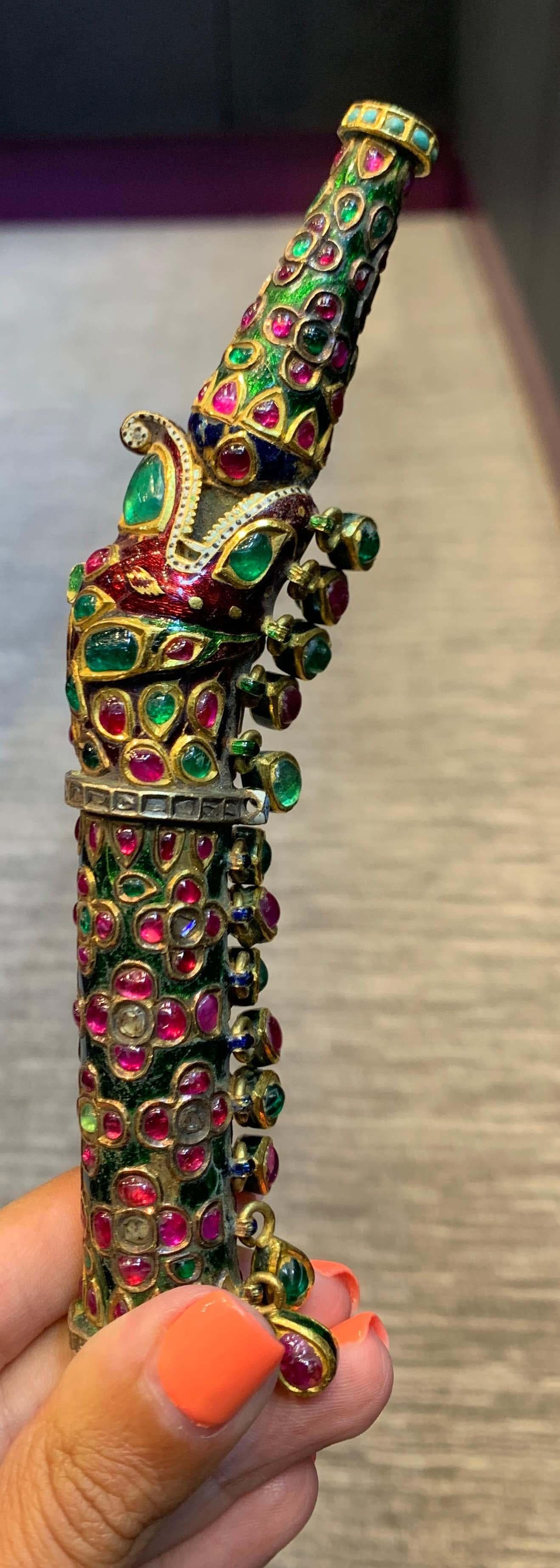 19th Century Indian Gemstone and Enamel Water Pipe or Hooka Makara Mouth Piece For Sale 3