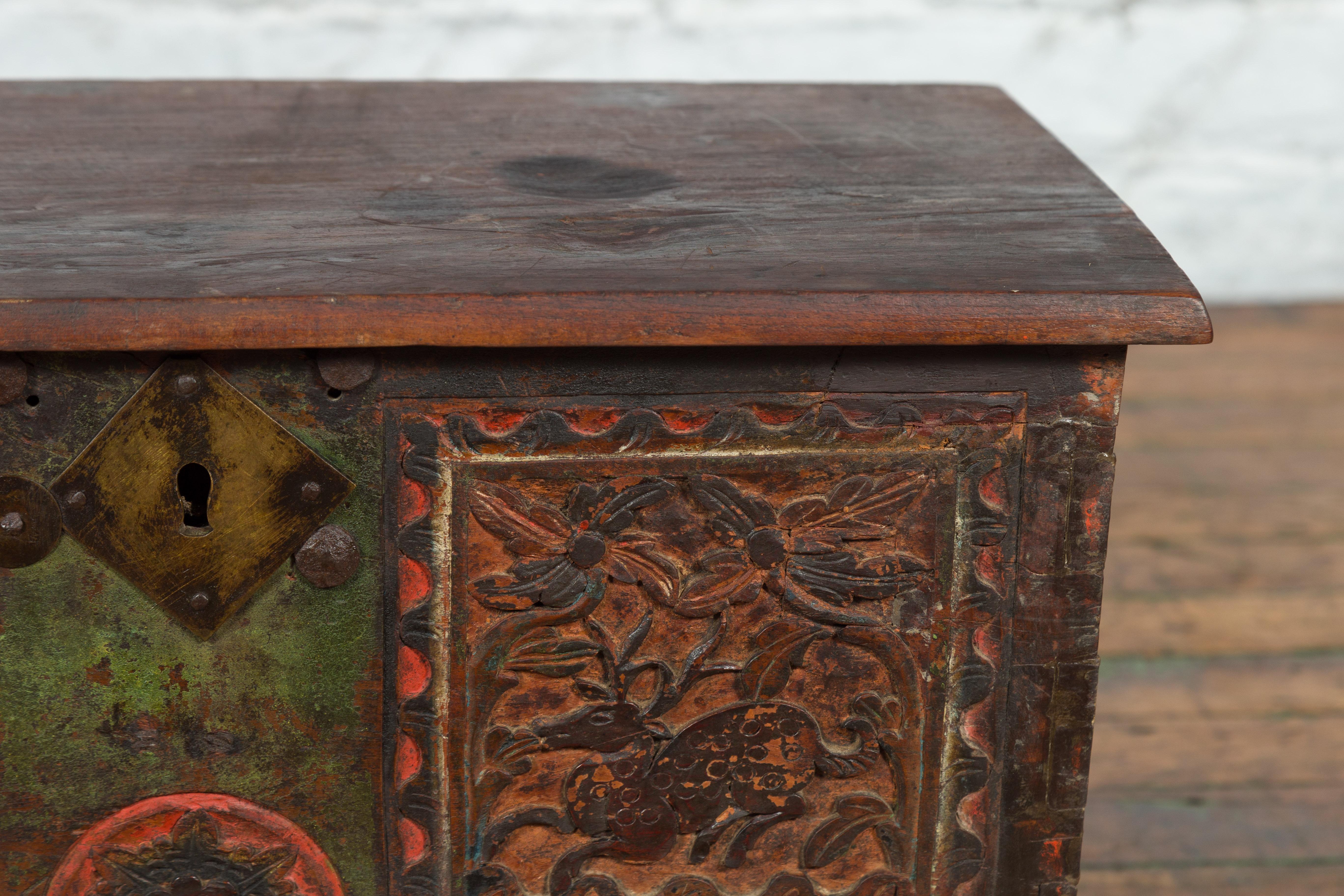 19th Century Indian Hand-Carved and Painted Trunk with Floral and Deer Motifs 5