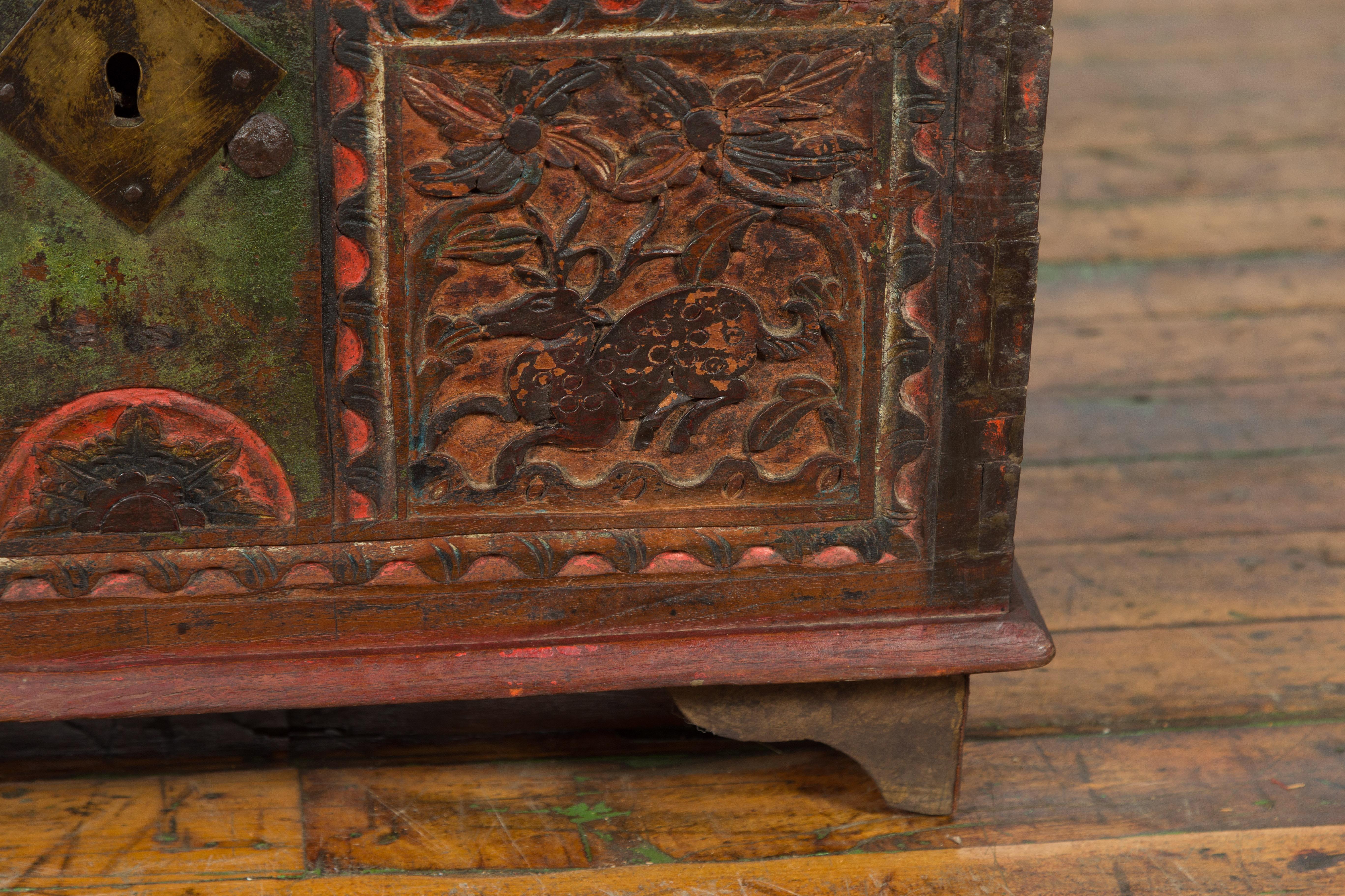19th Century Indian Hand-Carved and Painted Trunk with Floral and Deer Motifs 6