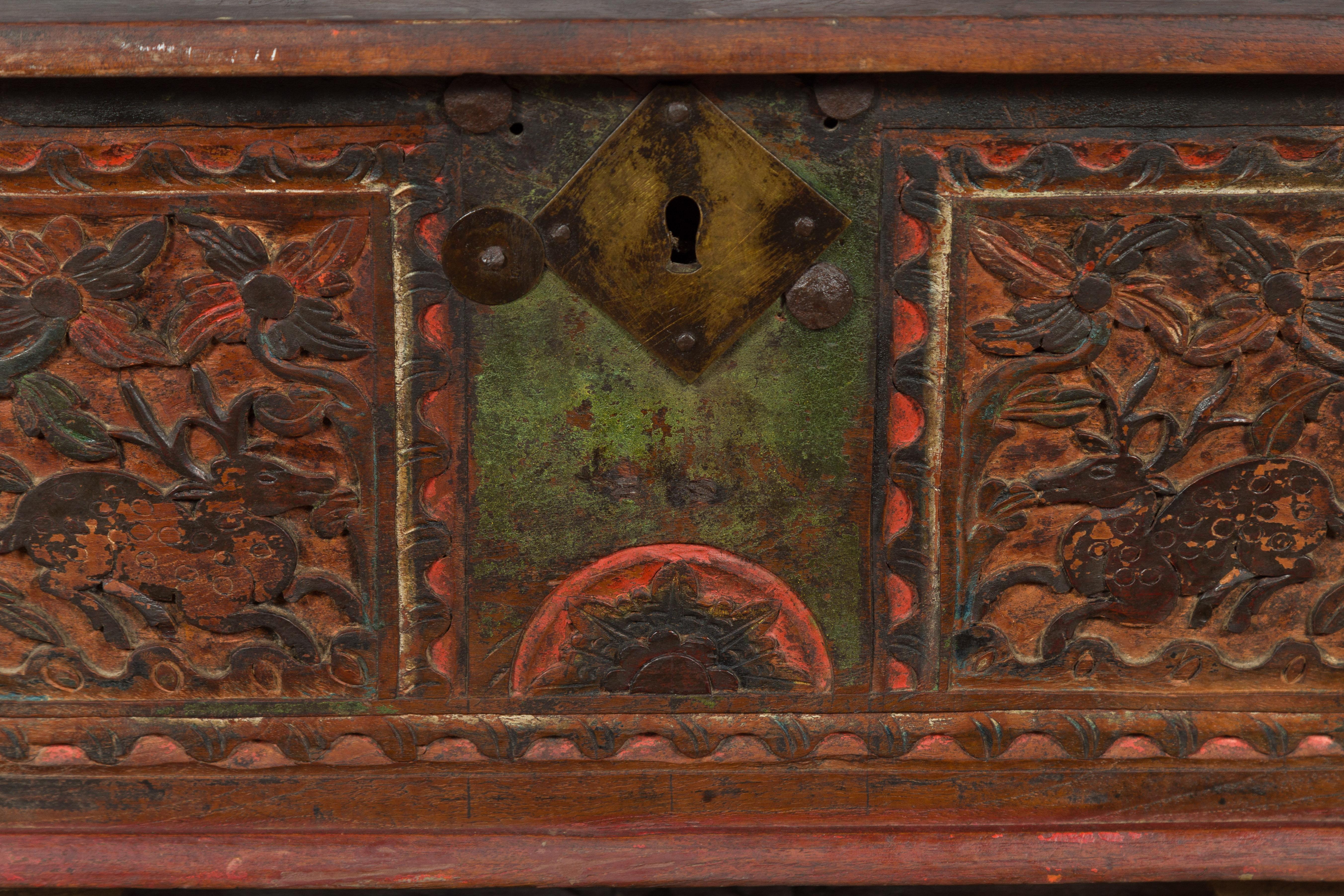 19th Century Indian Hand-Carved and Painted Trunk with Floral and Deer Motifs 7