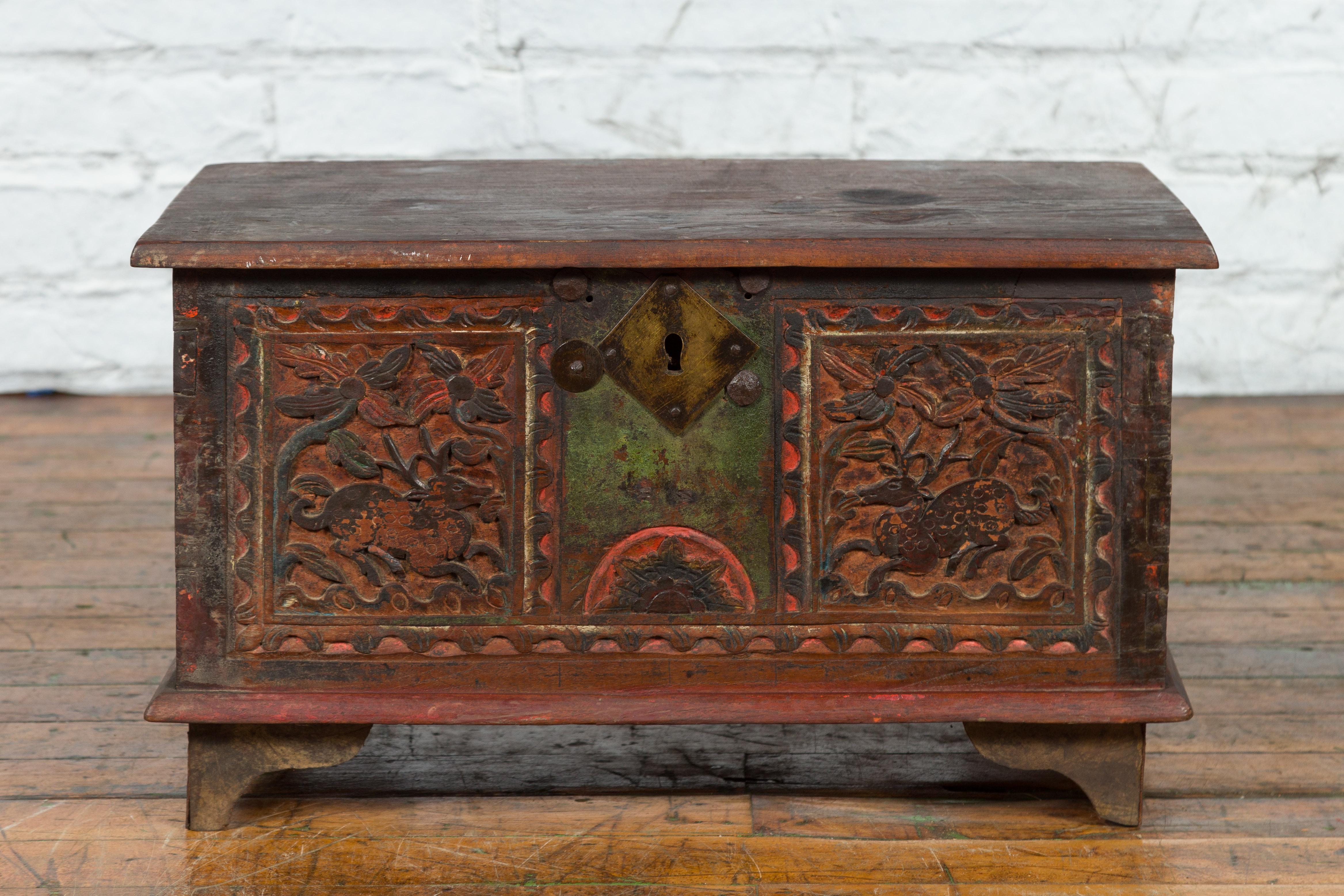 19th Century Indian Hand-Carved and Painted Trunk with Floral and Deer Motifs In Good Condition In Yonkers, NY