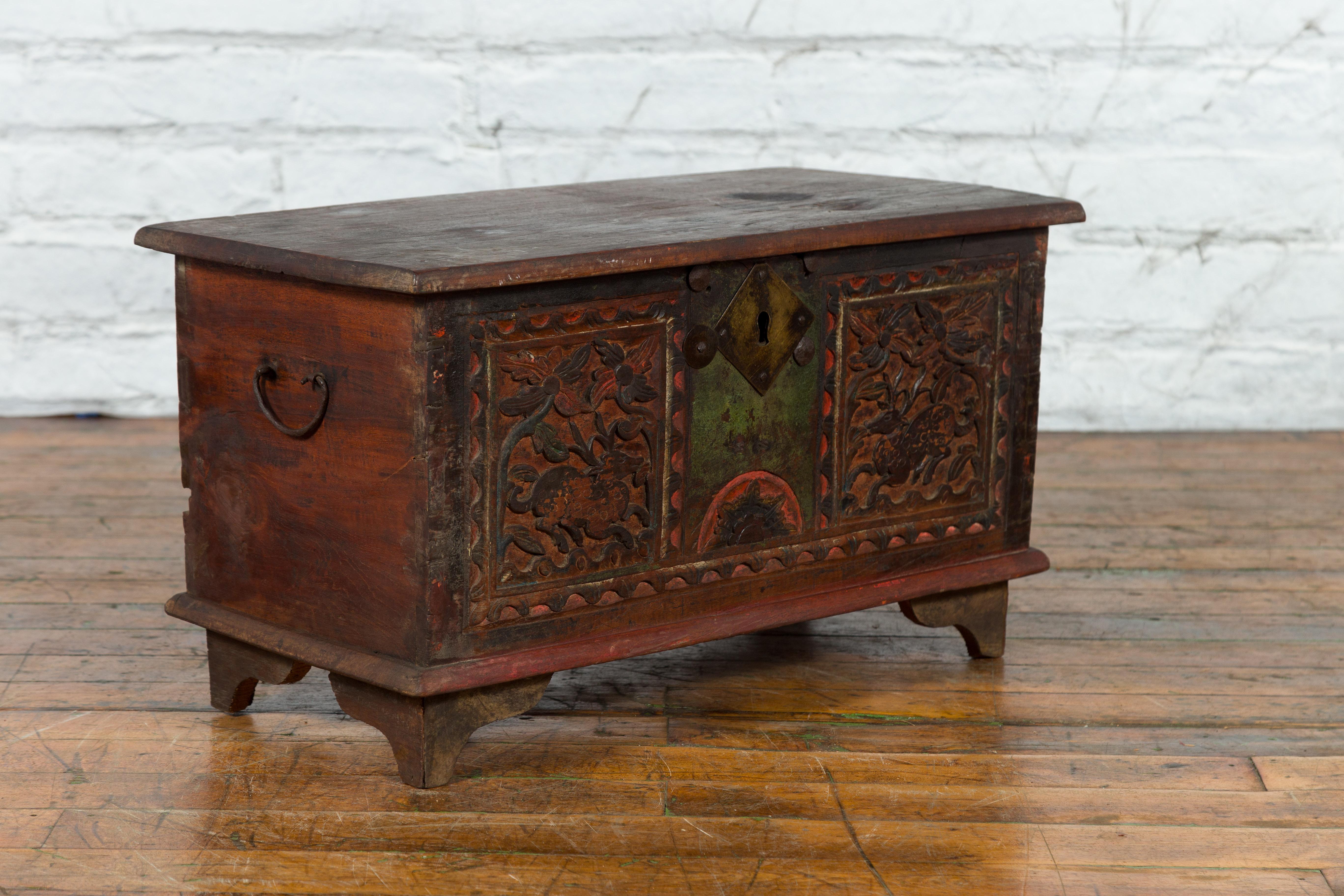 Brass 19th Century Indian Hand-Carved and Painted Trunk with Floral and Deer Motifs