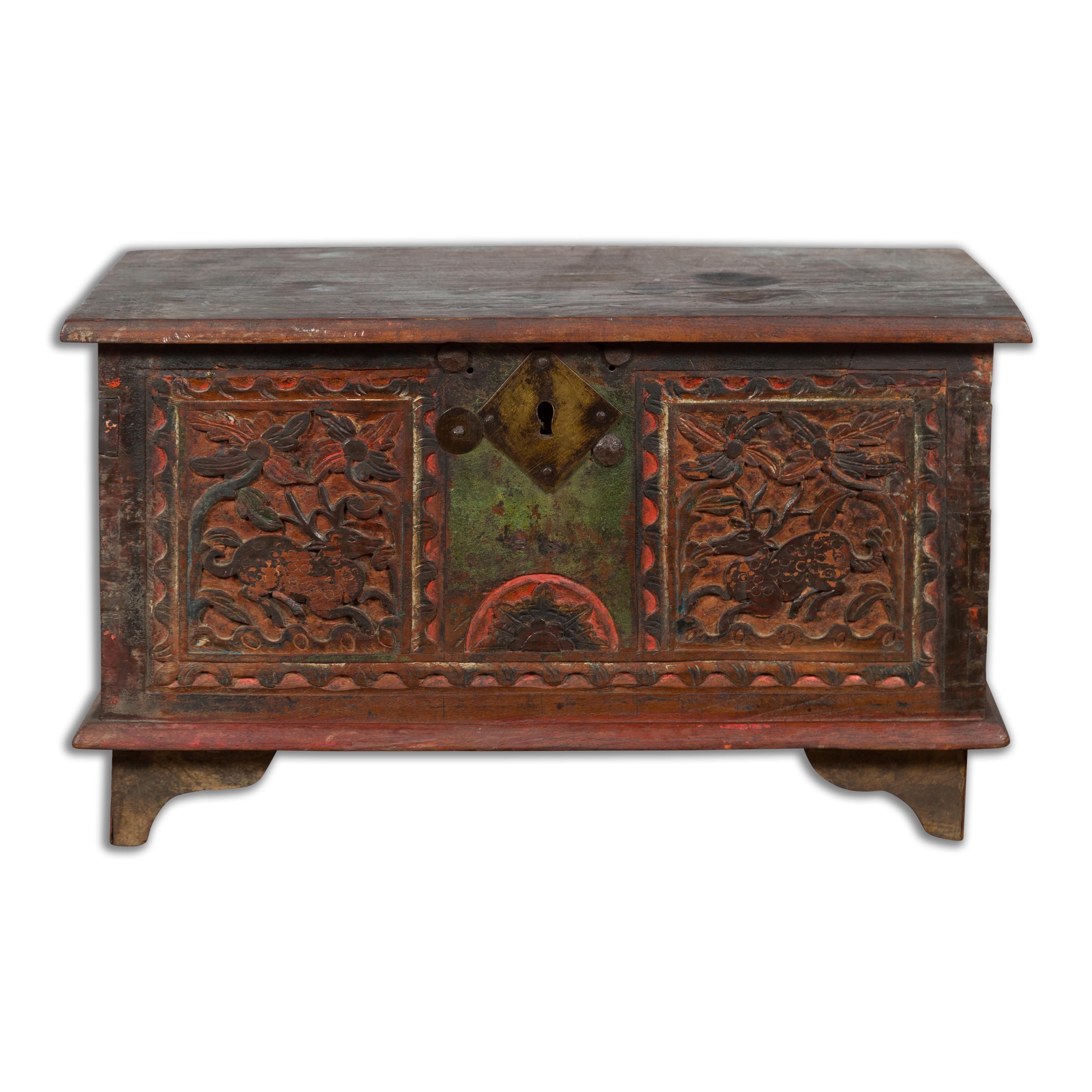 19th Century Indian Hand-Carved and Painted Trunk with Floral and Deer Motifs 1