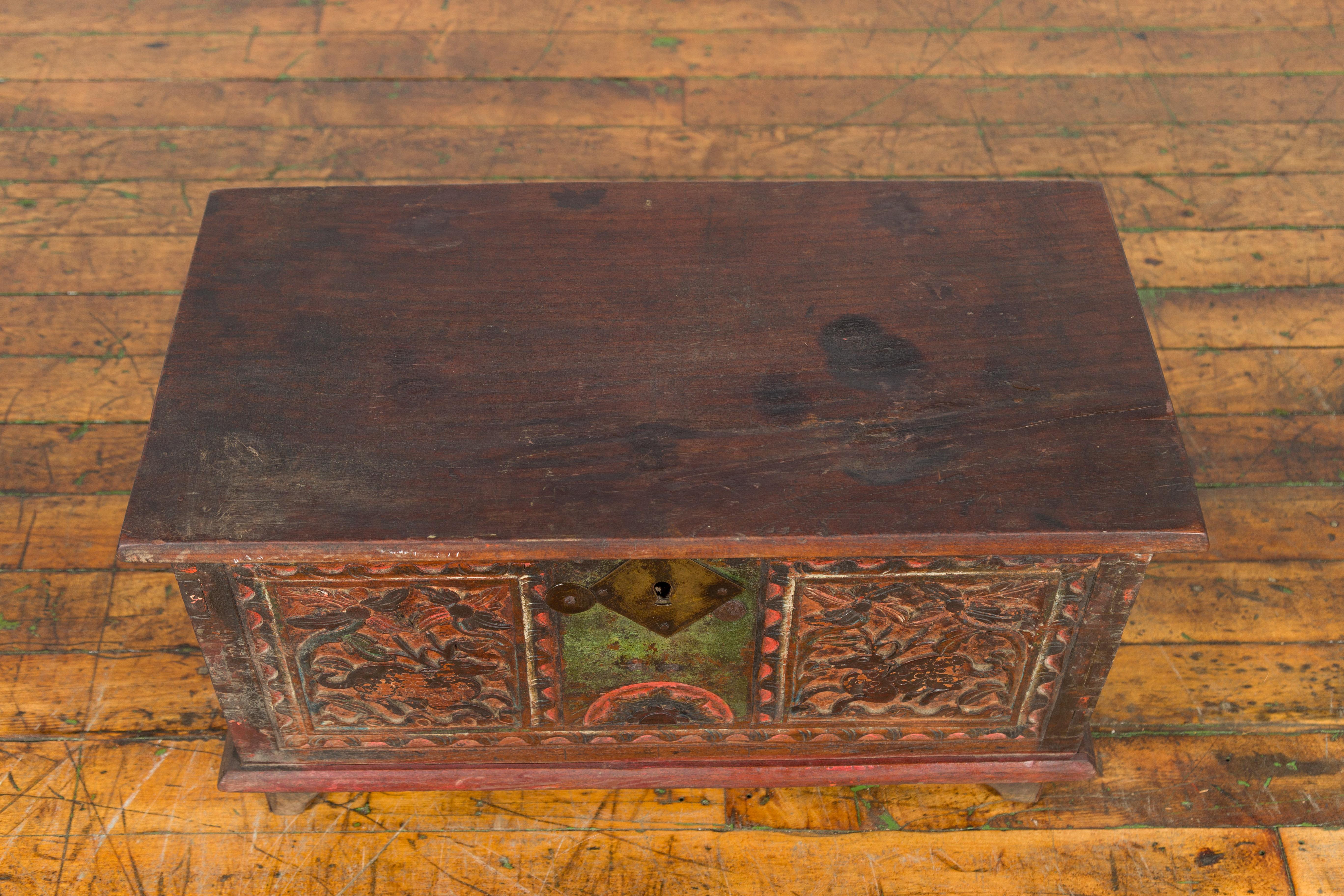 19th Century Indian Hand-Carved and Painted Trunk with Floral and Deer Motifs 2