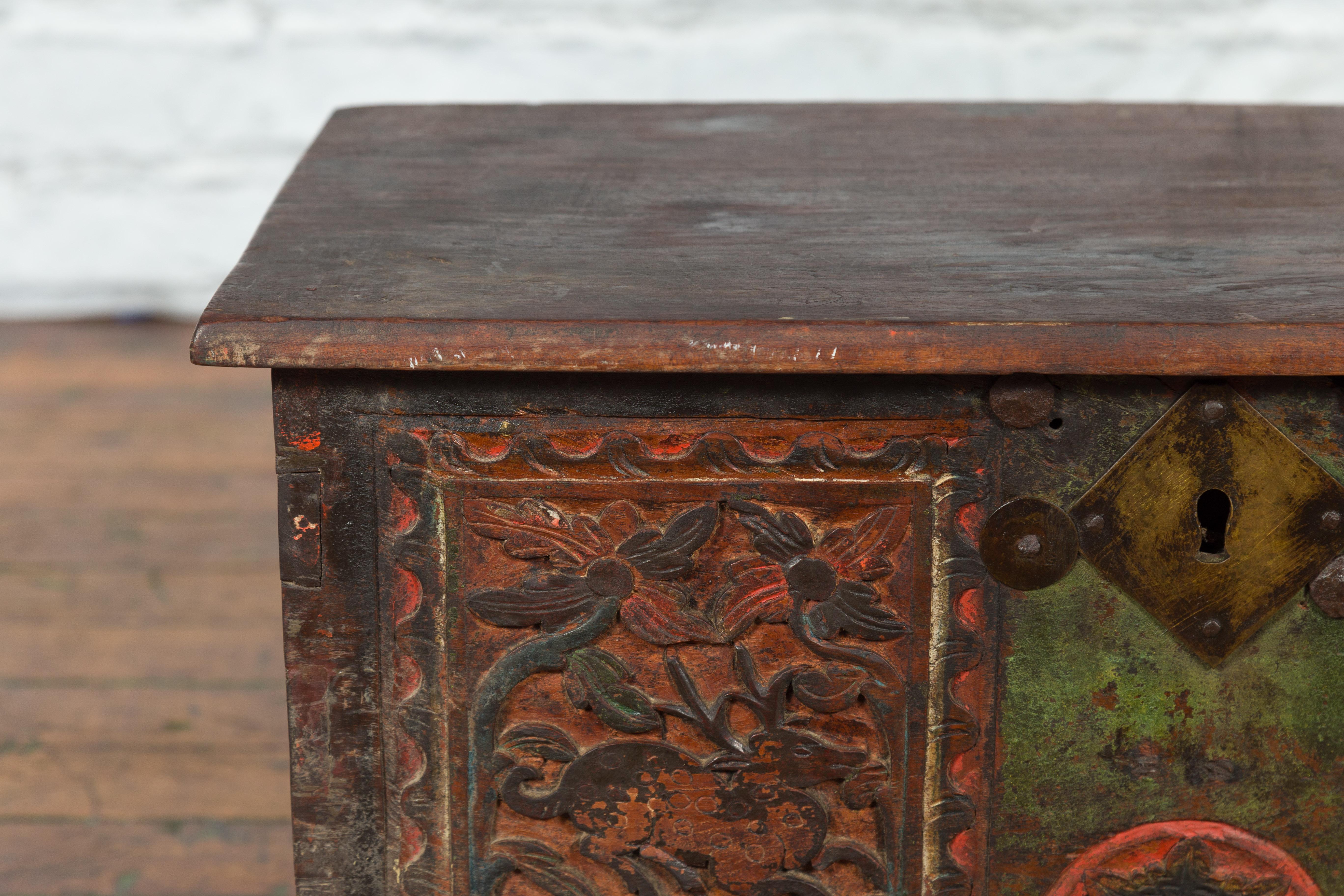 19th Century Indian Hand-Carved and Painted Trunk with Floral and Deer Motifs 3