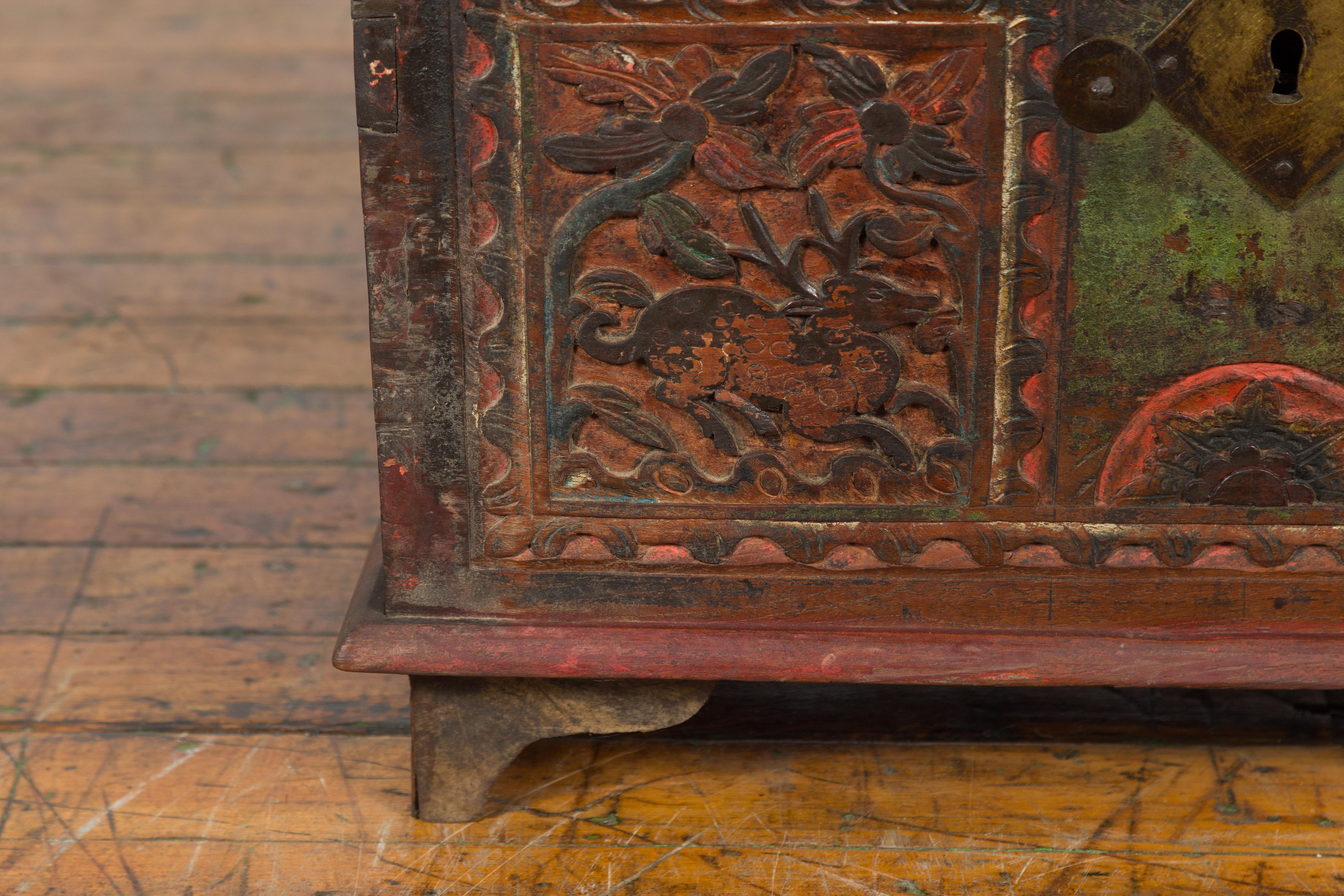 19th Century Indian Hand-Carved and Painted Trunk with Floral and Deer Motifs 4
