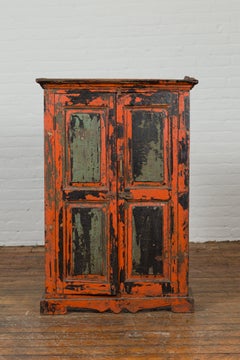 19th Century Indian Hand-Painted Burnt Orange and Green Cabinet