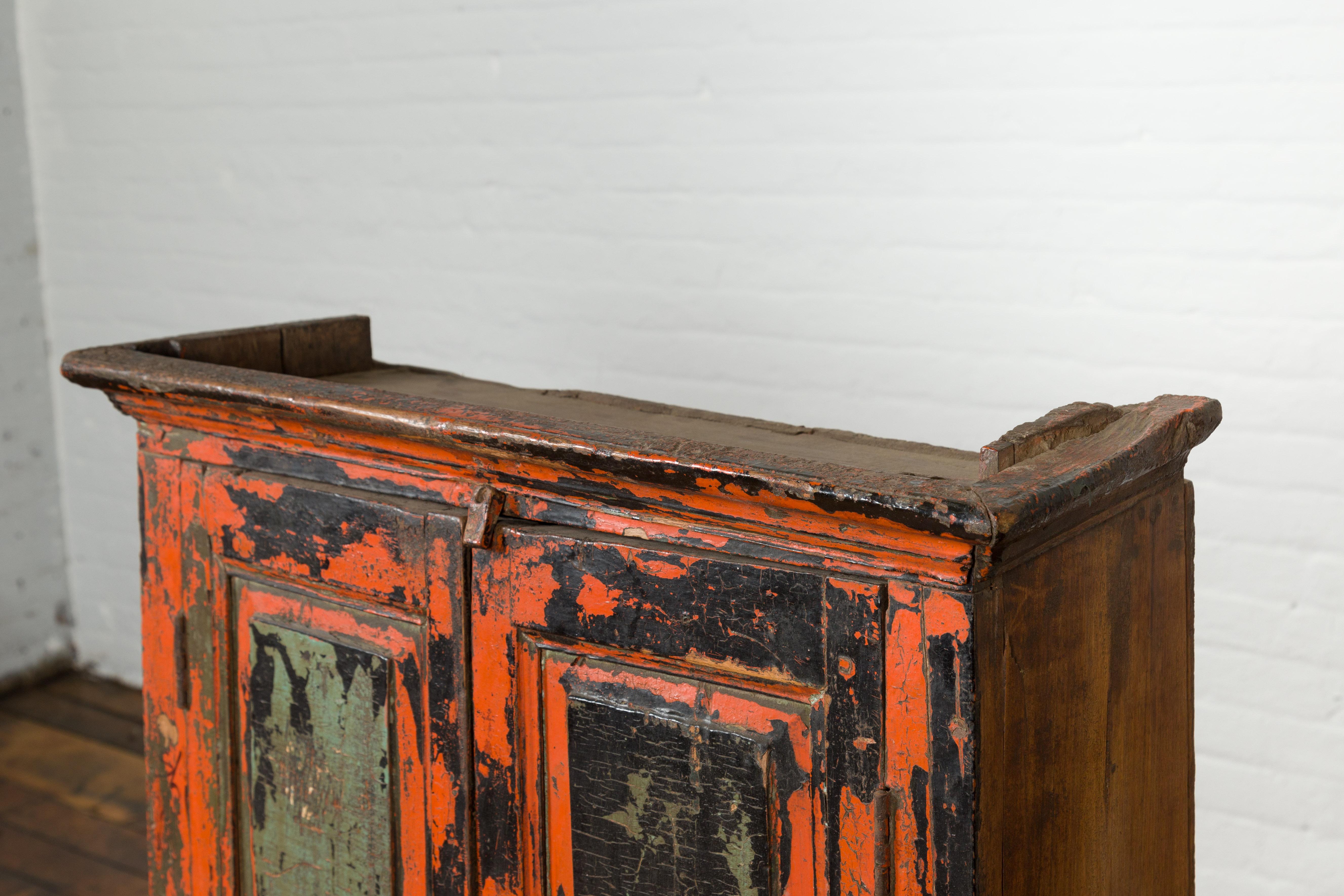 19th Century Indian Hand-Painted Burnt Orange and Green Cabinet  In Good Condition For Sale In Yonkers, NY