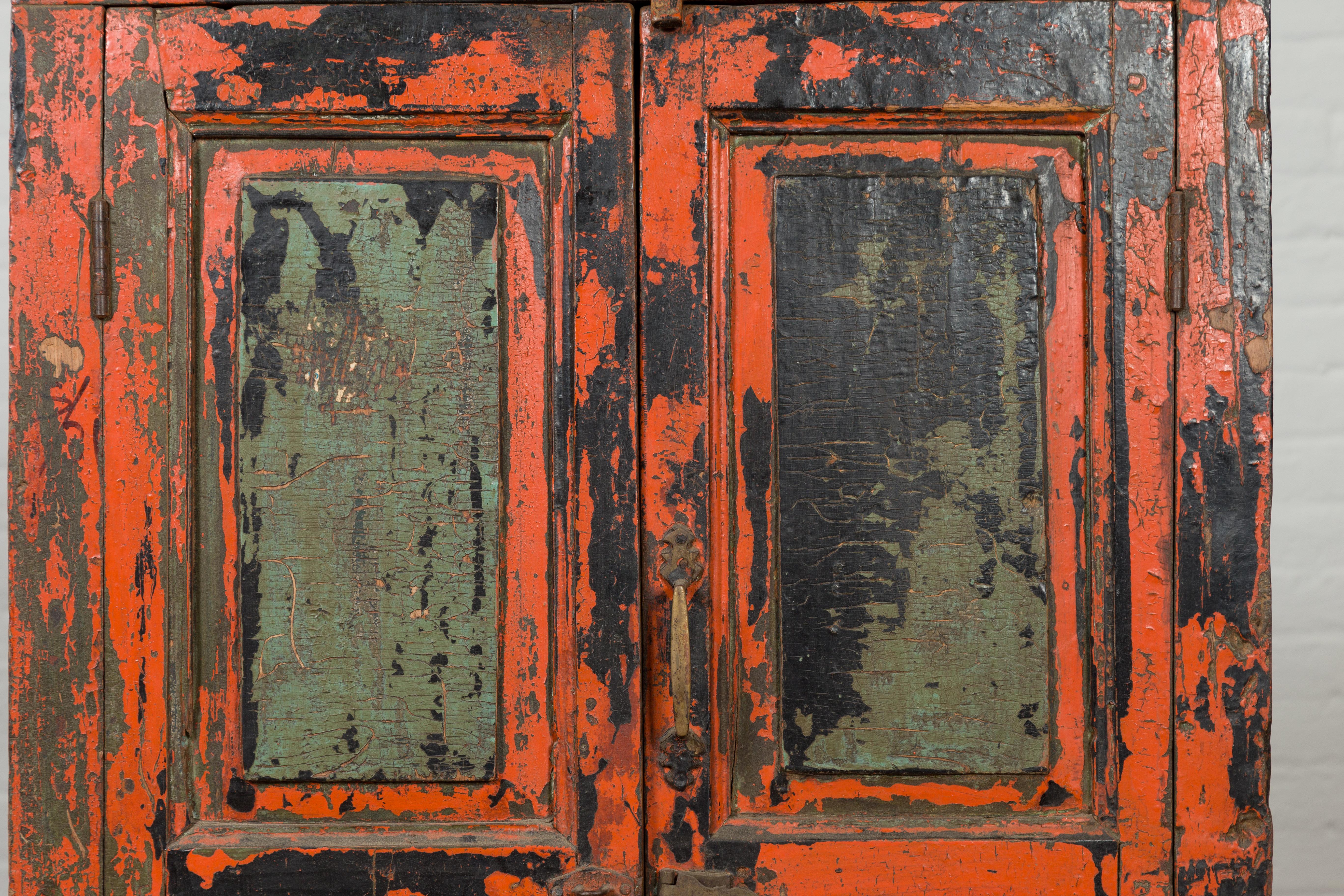 Wood 19th Century Indian Hand-Painted Burnt Orange and Green Cabinet  For Sale