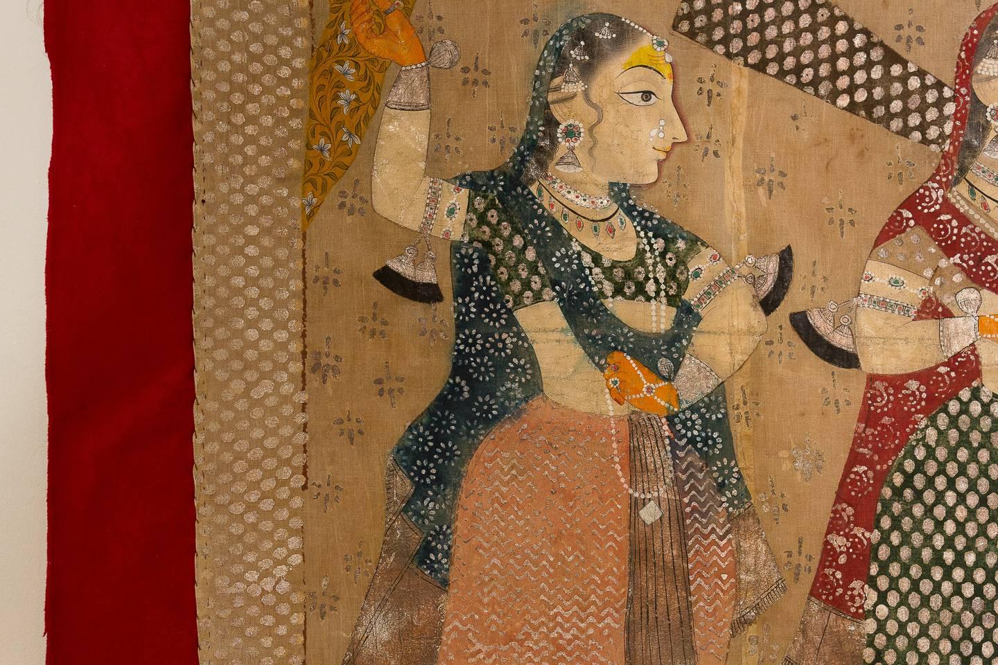 19th century Indian hand-painted silk wall hanging.

 