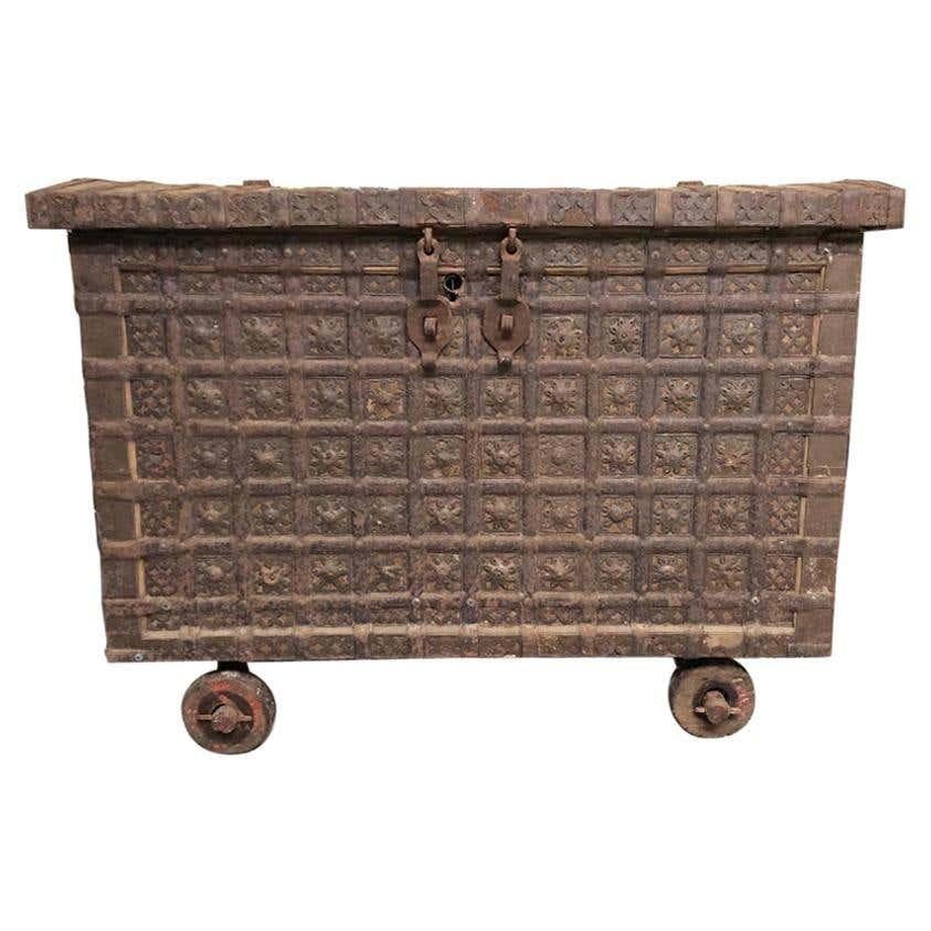 A stunning antique 19th century Indian hardwood travel box. Hand Carved and beautifully crafted, this box is a perfect example of Fine craftsmanship of the 19th Century in India. Ready for home use right away.