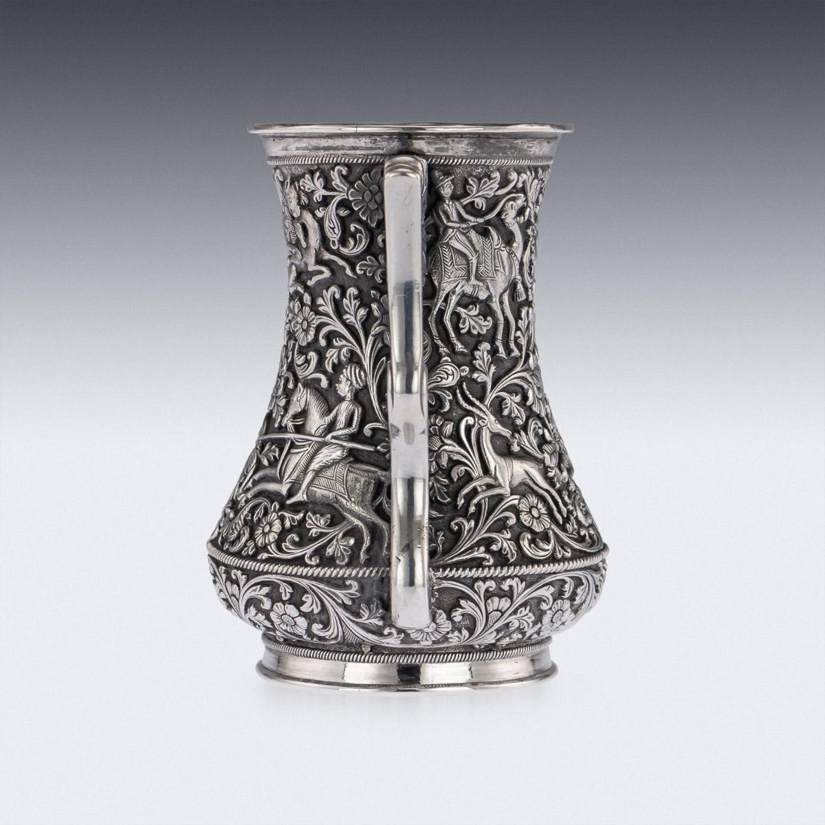 Antique 19th century Indian Kutch (Cutch) solid silver cup, inverted shaped, impressively heavy gauge and exceptionally fine workmanship, very closely worked, depicting hunting scenes, surrounded by foliate and floral repoussé design on a matted