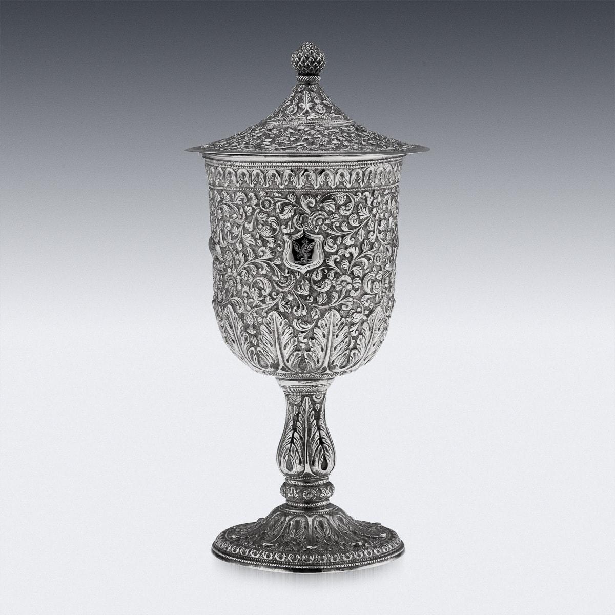 Antique 19th Century Indian Kutch (Cutch), Bhuj, Gujarat region, beautifully hand crafted solid silver lidded goblet, all over finely chased with scrolling leaves, scroll patterns on a finely tooled on matted ground, the main body depicting wild