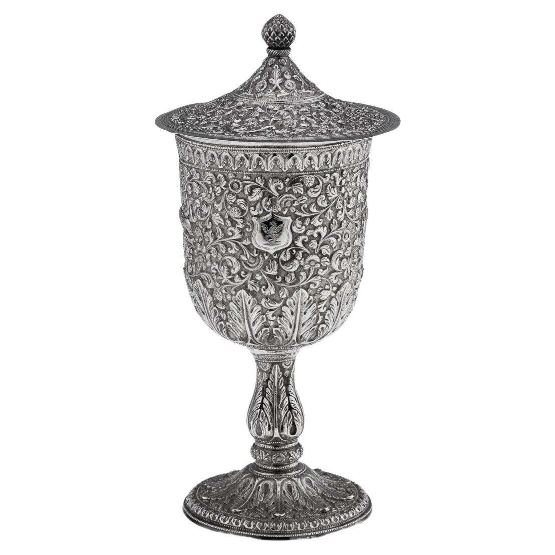 19th Century Indian Kutch Solid Silver Lidded Goblet, c.1880 For Sale