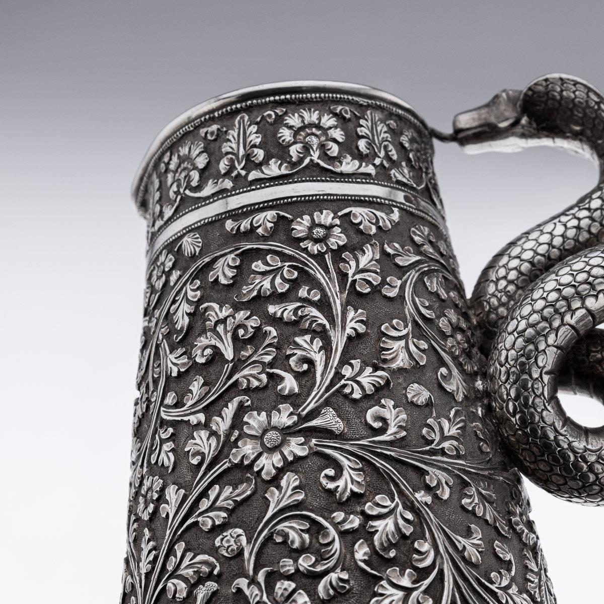 19th Century Indian Kutch Solid Silver Snake Handle Jug, c.1880 9