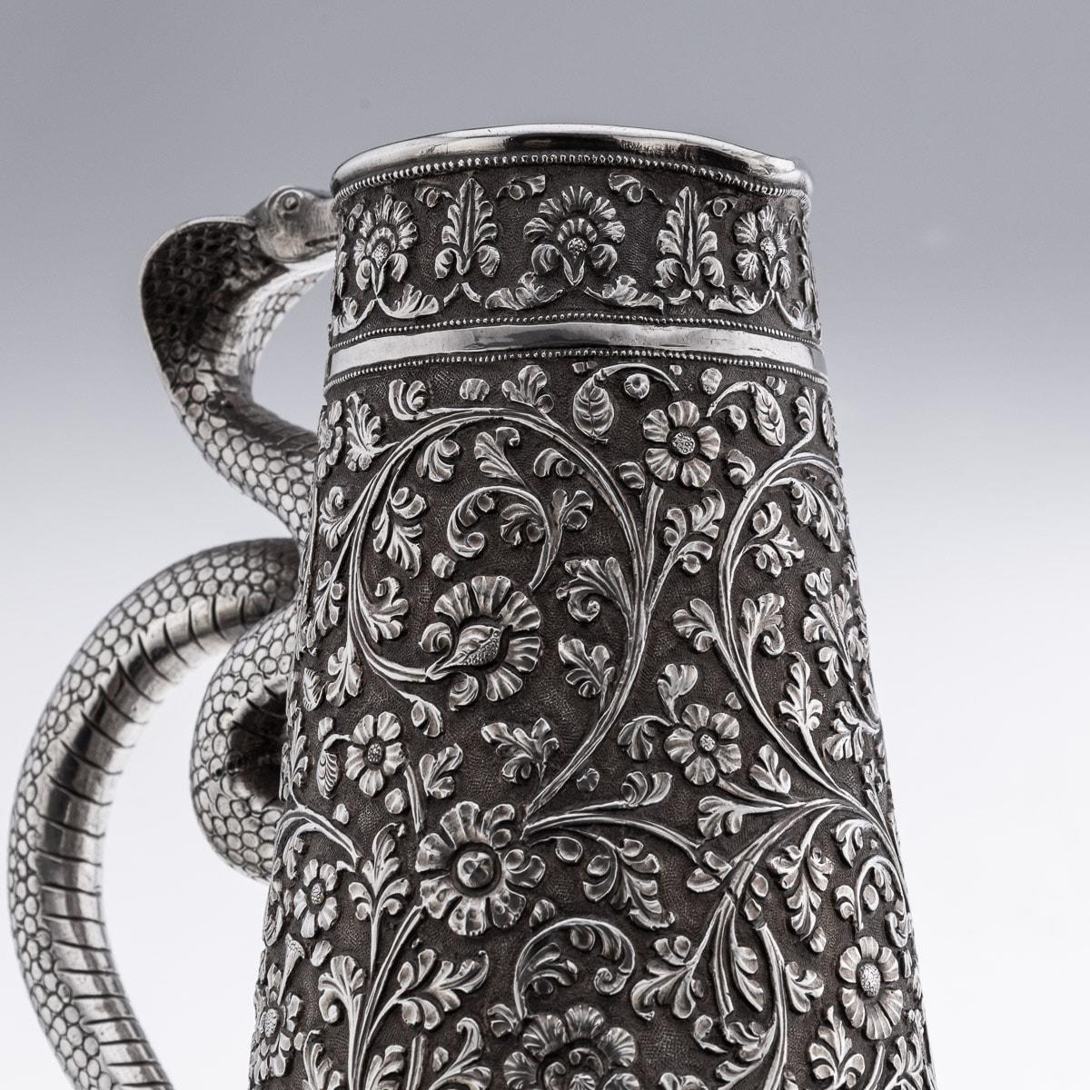 19th Century Indian Kutch Solid Silver Snake Handle Jug, c.1880 12