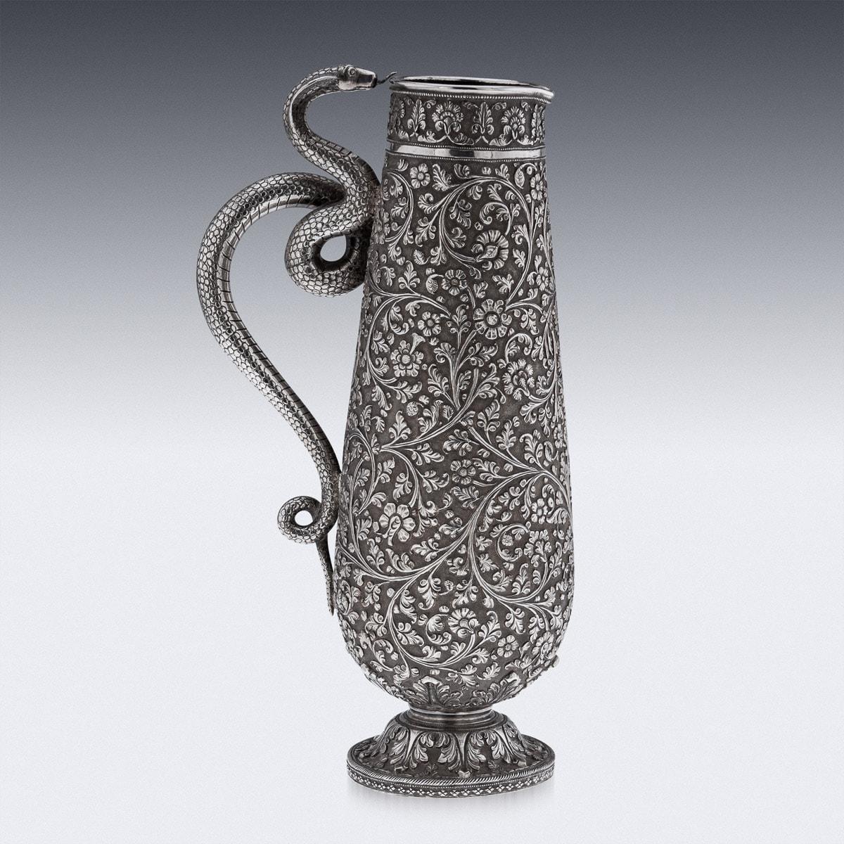 19th Century Indian Kutch Solid Silver Snake Handle Jug, c.1880 In Good Condition In Royal Tunbridge Wells, Kent