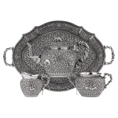 19th Century Indian Kutch Solid Silver Tea Set On Tray, Oomersi Mawji, c.1890