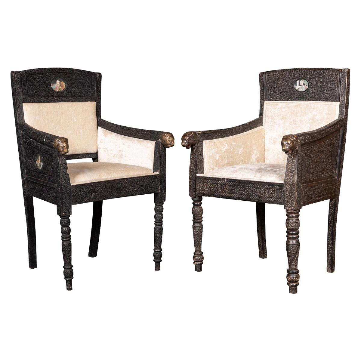 19th Century Indian Mogul Style Pair of Carved Wood Throne Chairs c.1880