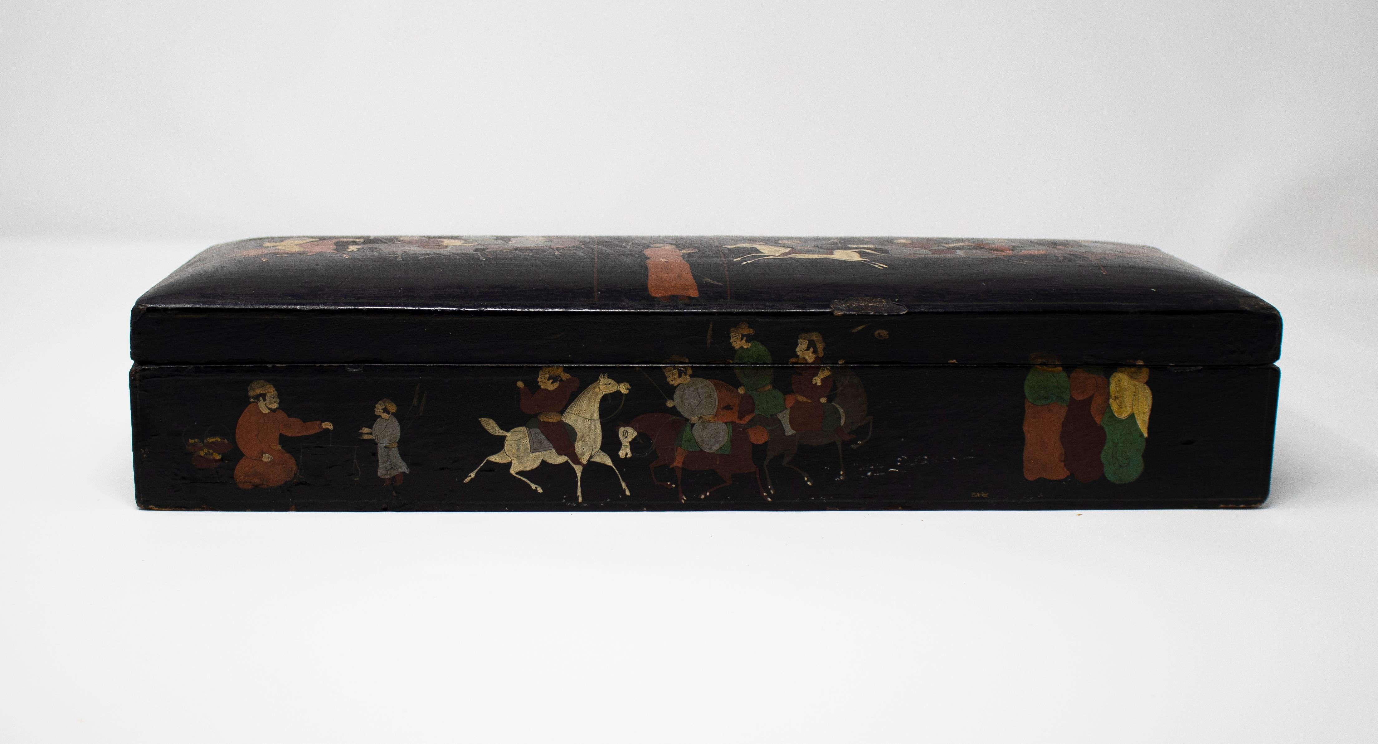 20th Century 19th Century Indian Mughal Lacquered Box with People and Horses Painted Scenes