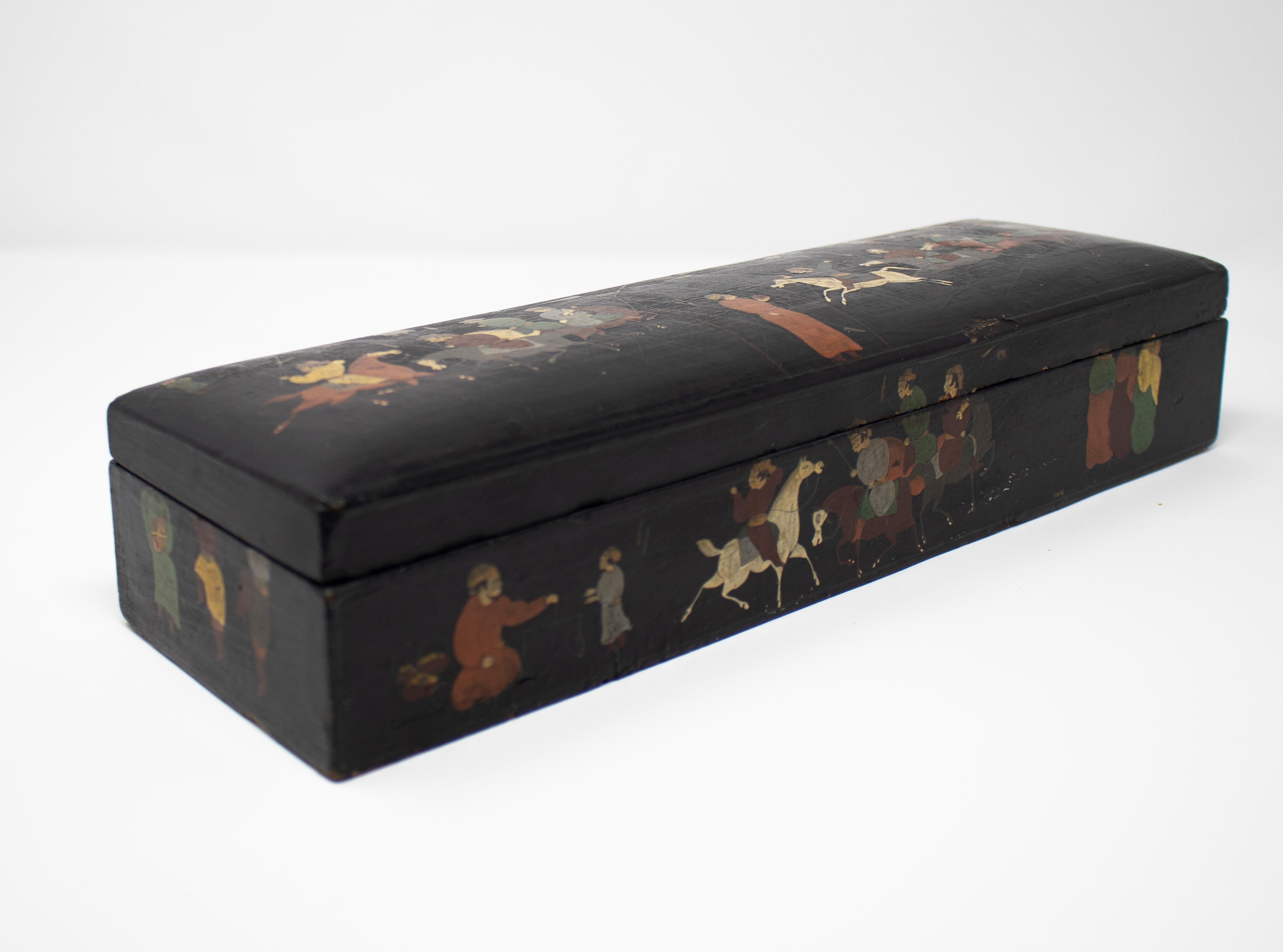 Wood 19th Century Indian Mughal Lacquered Box with People and Horses Painted Scenes
