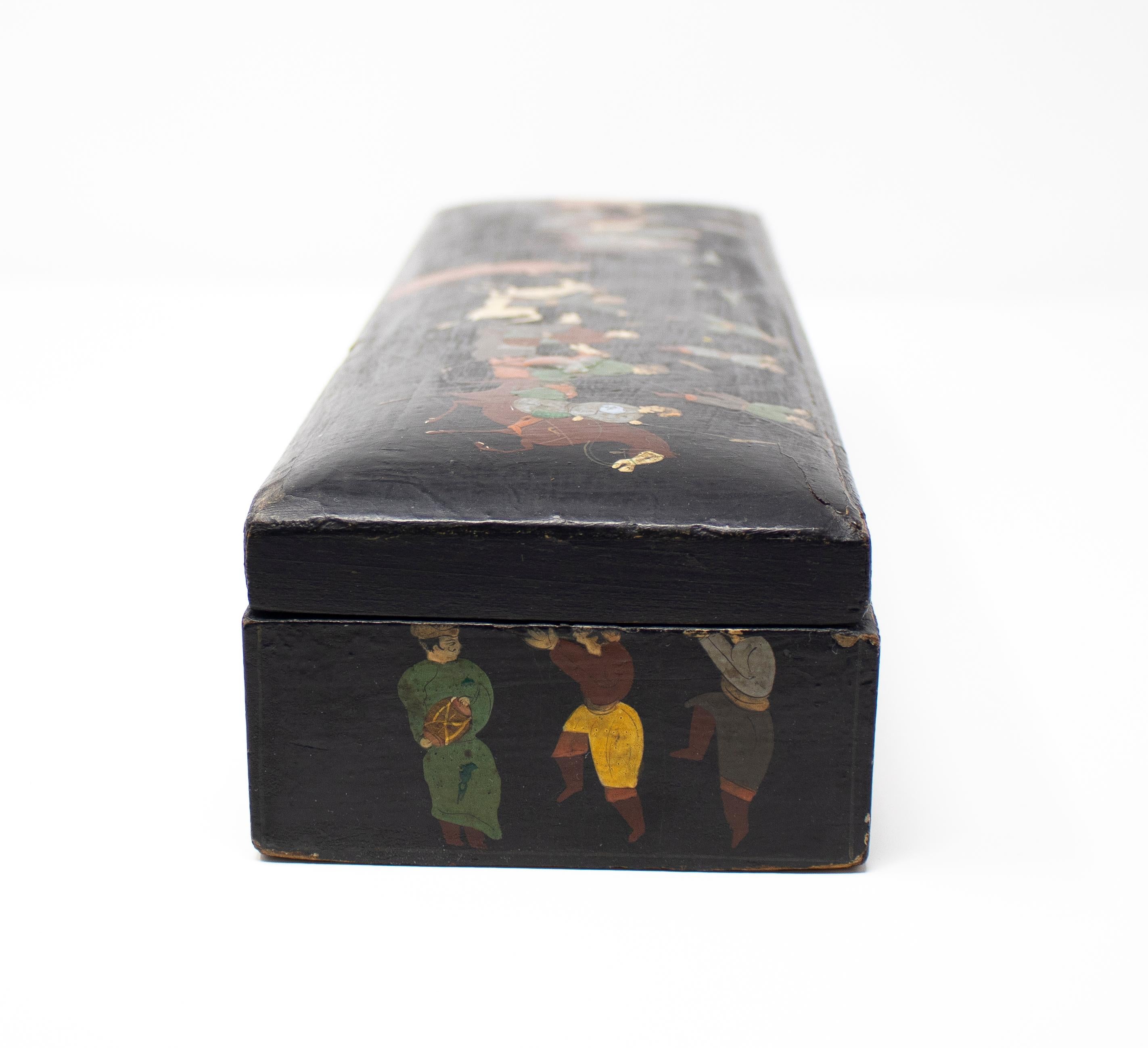 19th Century Indian Mughal Lacquered Box with People and Horses Painted Scenes 1