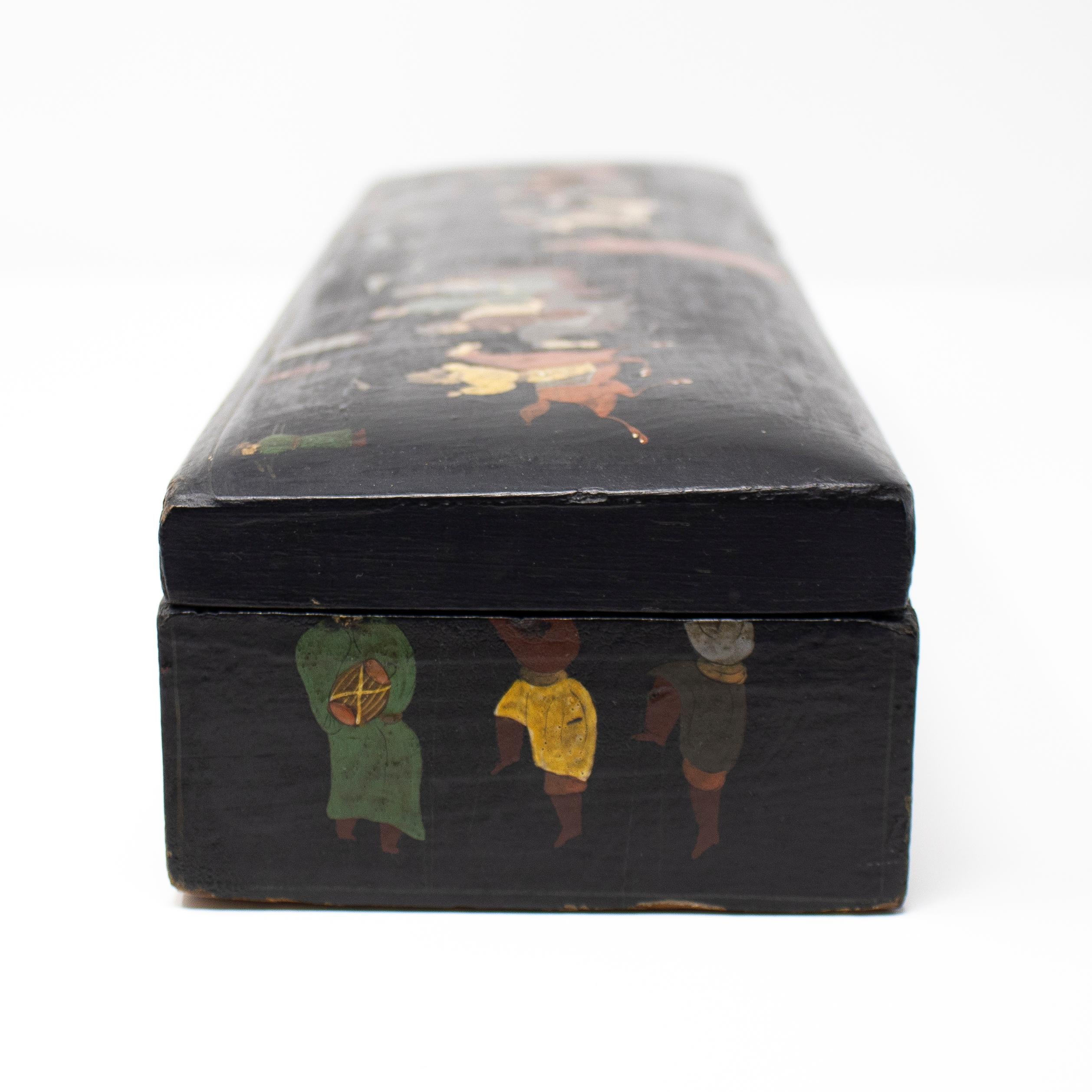 19th Century Indian Mughal Lacquered Box with People and Horses Painted Scenes 2