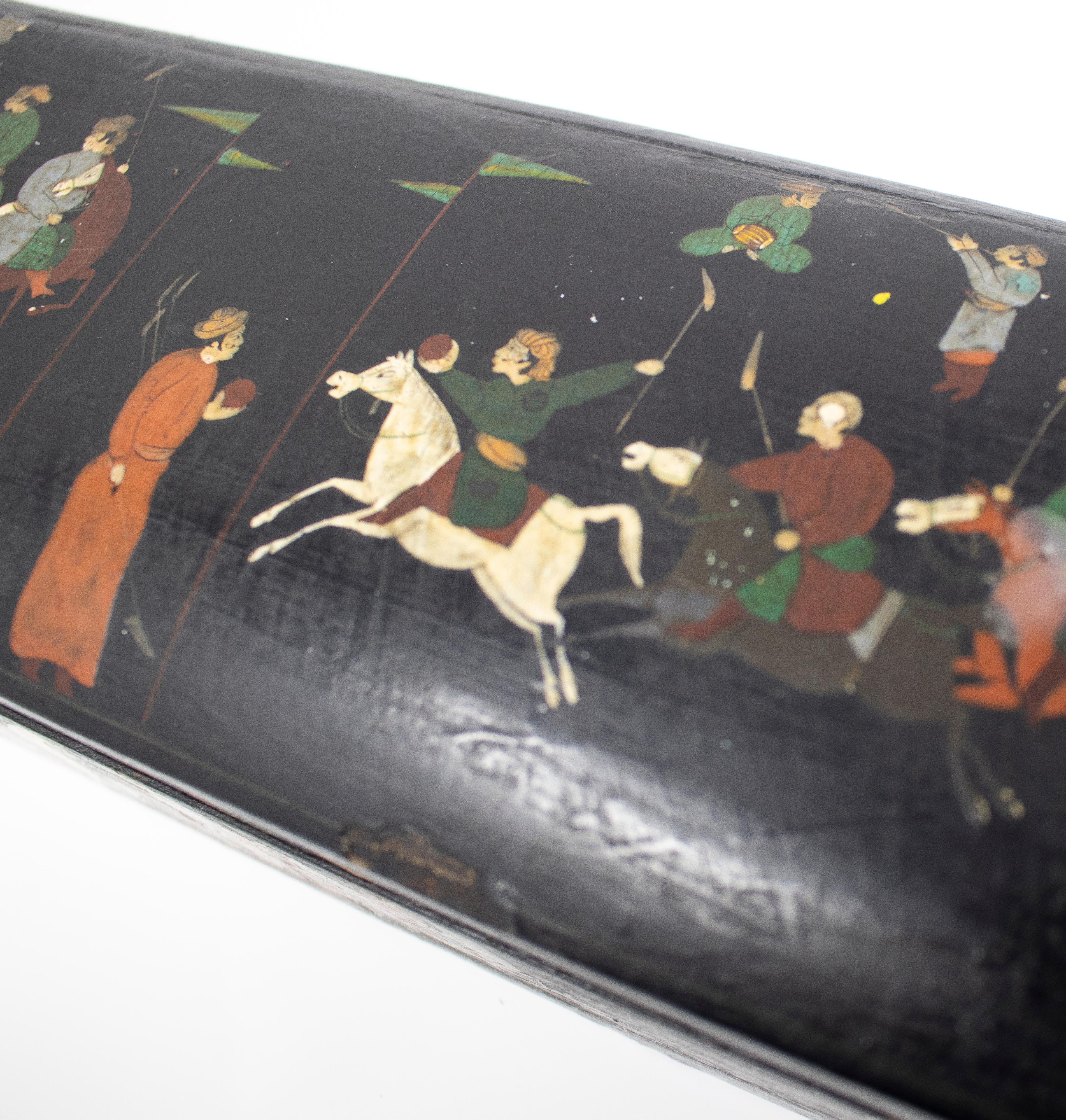 19th Century Indian Mughal Lacquered Box with People and Horses Painted Scenes 3