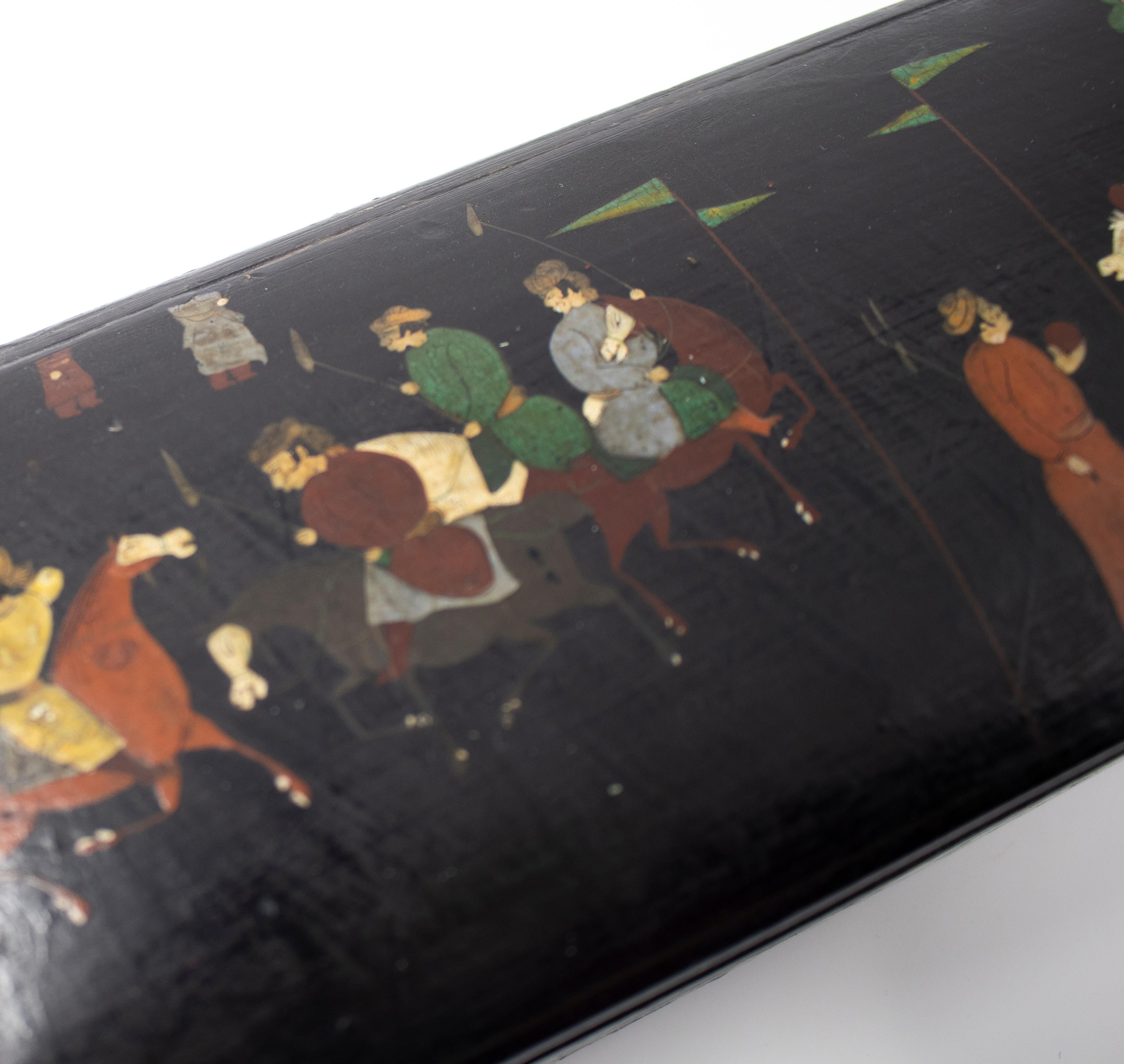 19th Century Indian Mughal Lacquered Box with People and Horses Painted Scenes 4