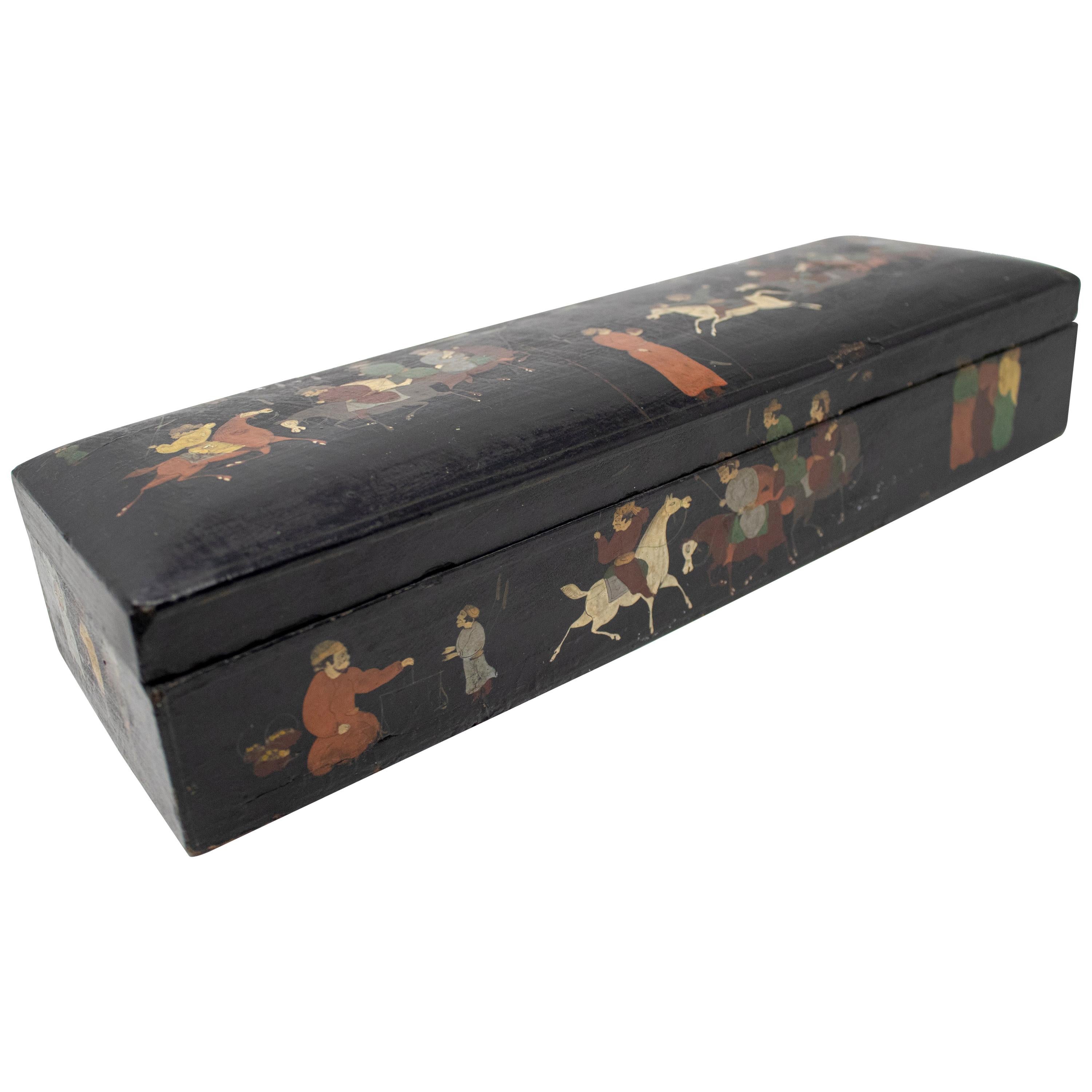 19th Century Indian Mughal Lacquered Box with People and Horses Painted Scenes