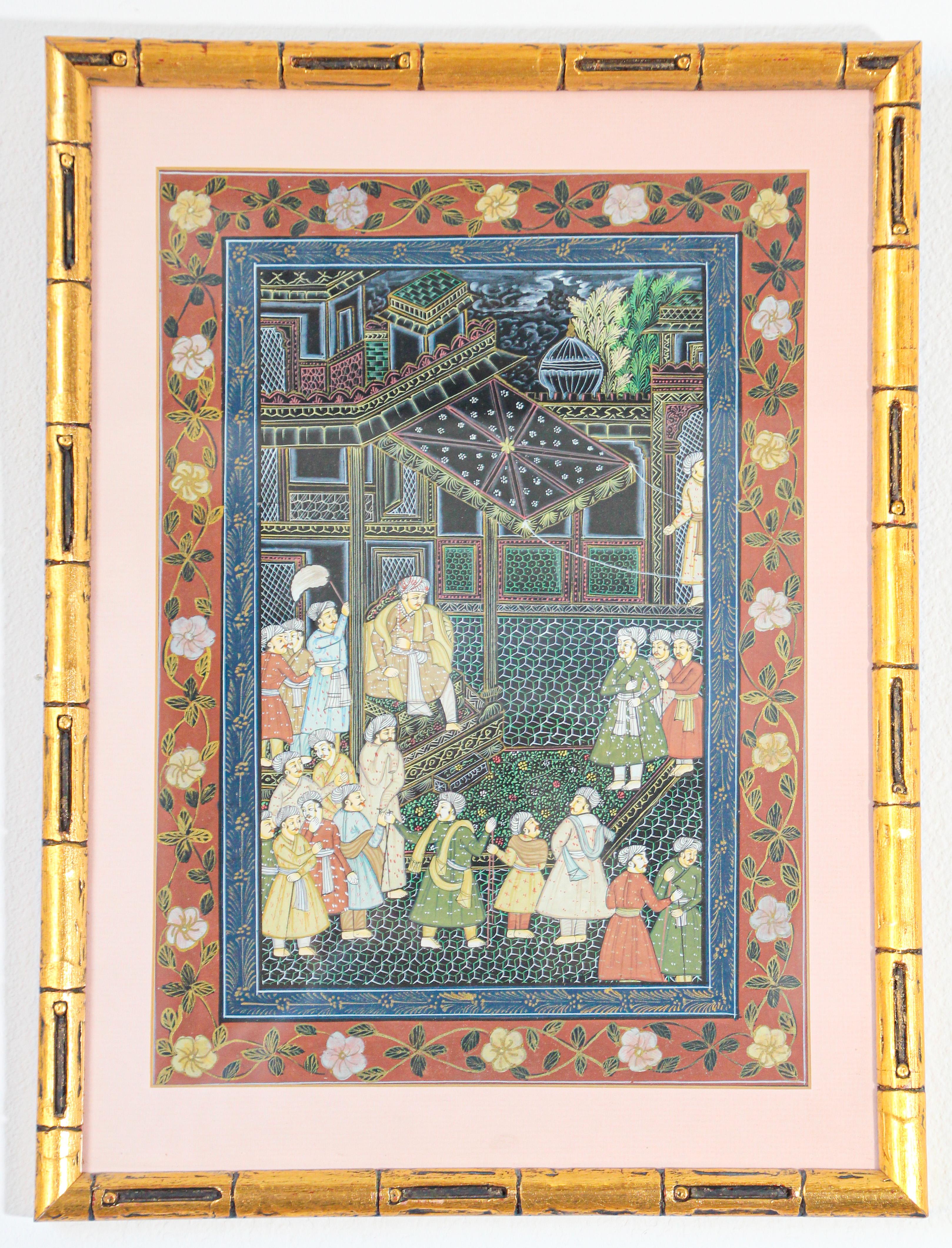 After a 19th century Indian scene painting in gilt wood frame.
Indian Mughal School, illuminated and gilt floral border.
Scene of a Maharajah in his palace receiving his ministers.
The miniature painting always tells a story.
Very fine art work in