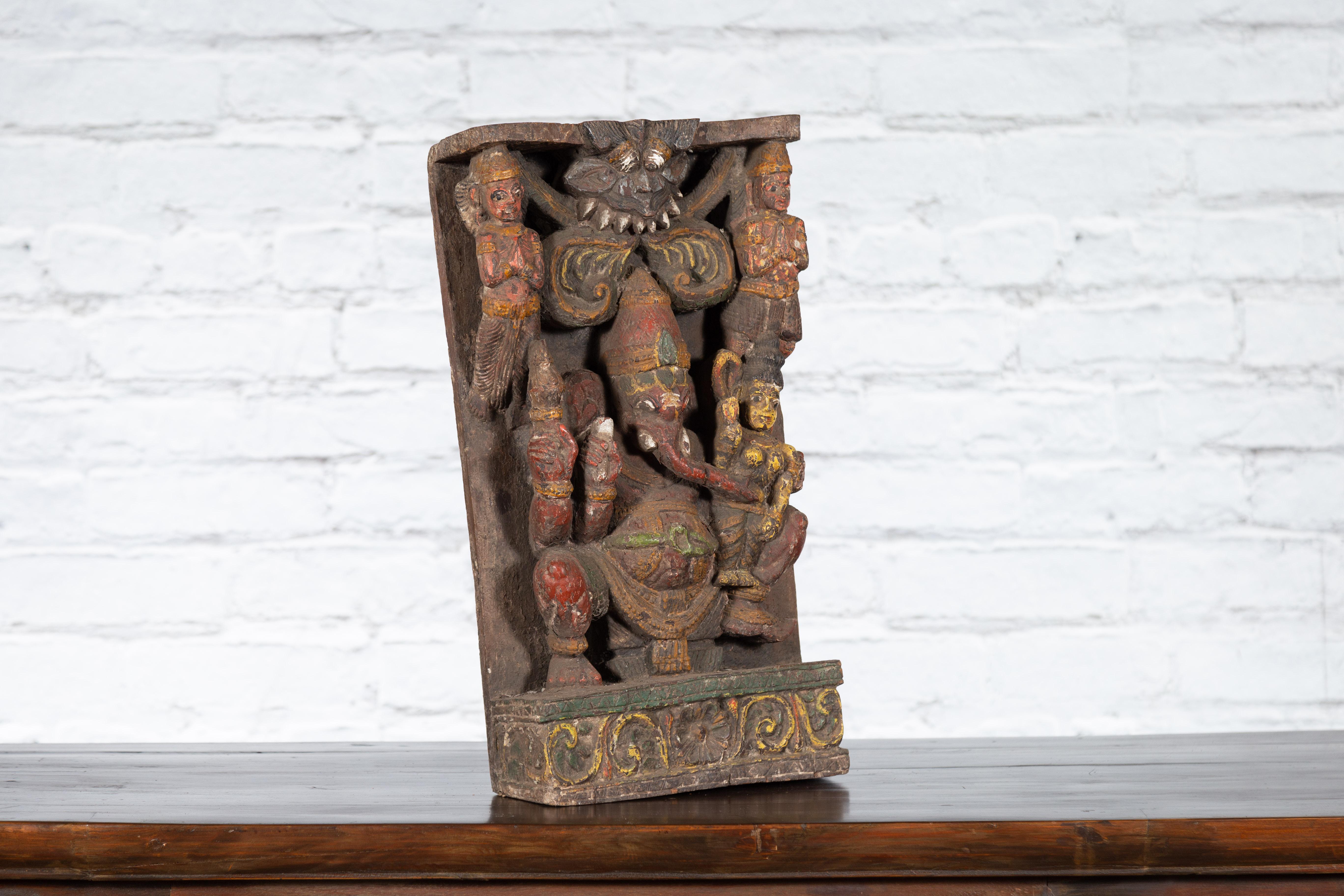 19th Century Indian Multicolor Temple Carving Depicting Ganesha with Consort For Sale 2