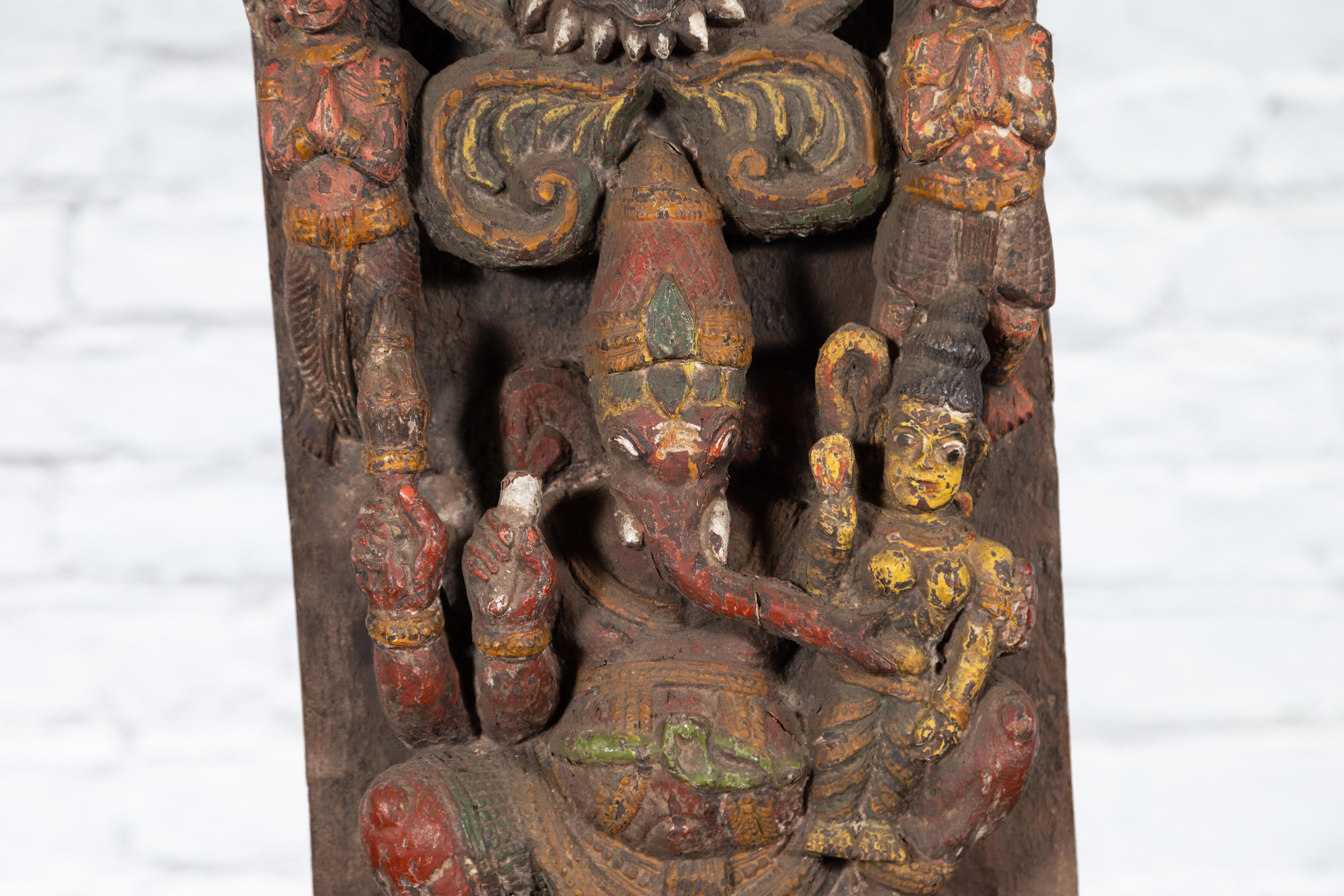 19th Century Indian Multicolor Temple Carving Depicting Ganesha with Consort In Good Condition For Sale In Yonkers, NY