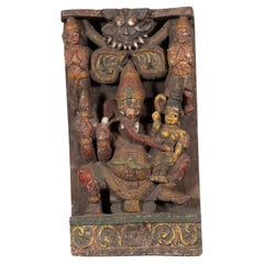 Antique 19th Century Indian Multicolor Temple Carving Depicting Ganesha with Consort