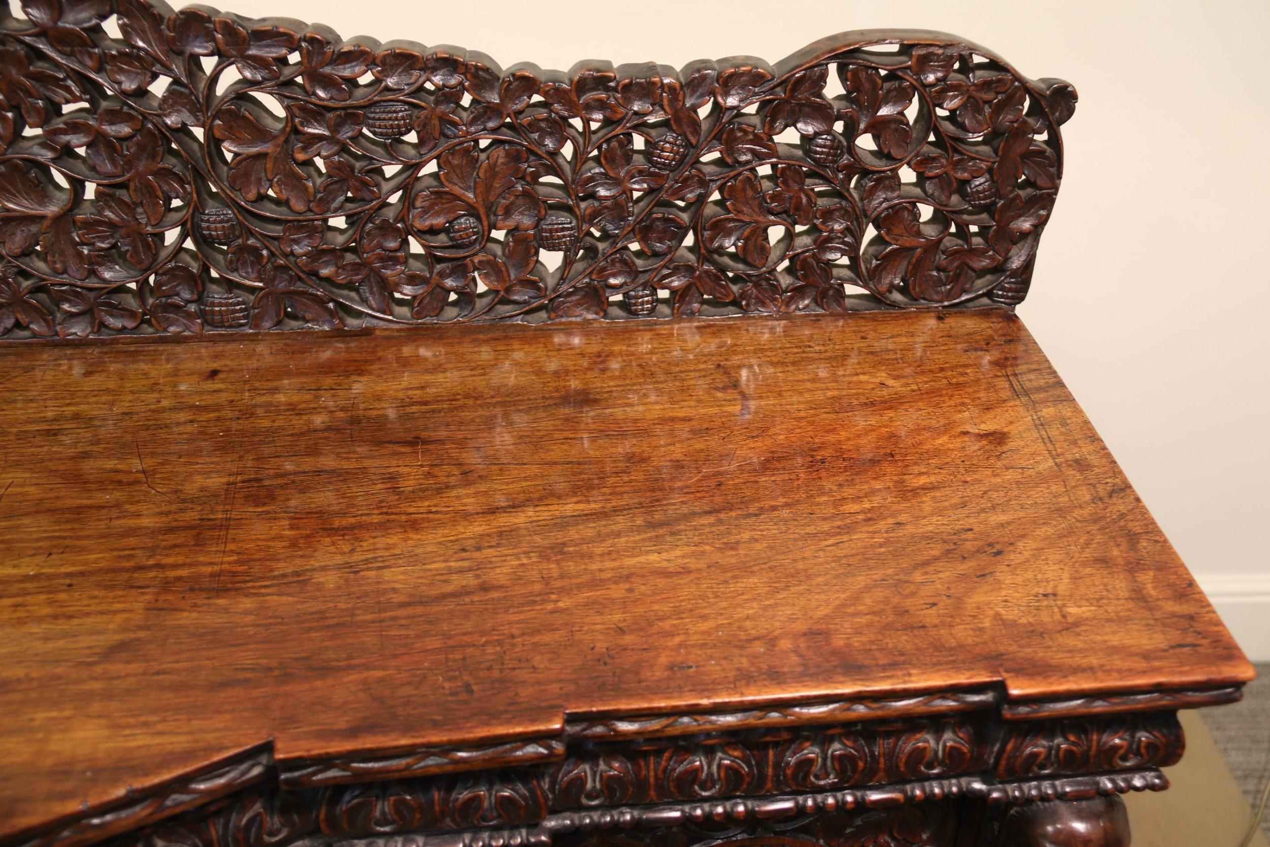 19th Century Indian Ornately Carved Padauk Wood Four-Door Side Cabinet For Sale 6