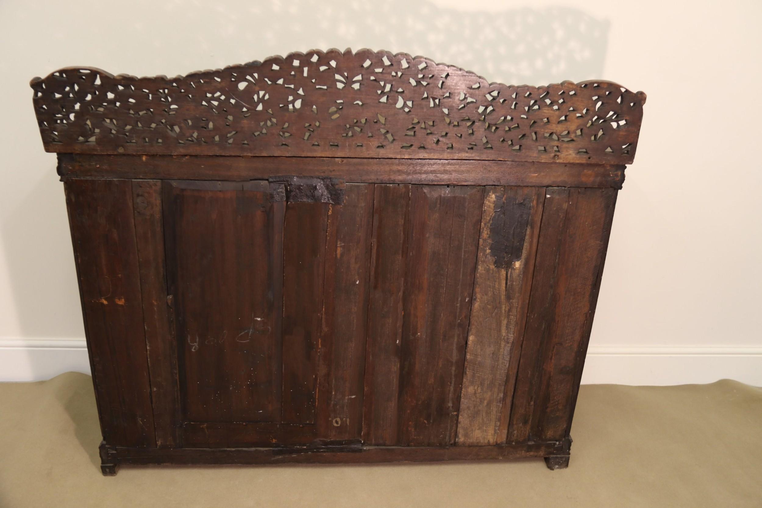 19th Century Indian Ornately Carved Padauk Wood Four-Door Side Cabinet For Sale 7