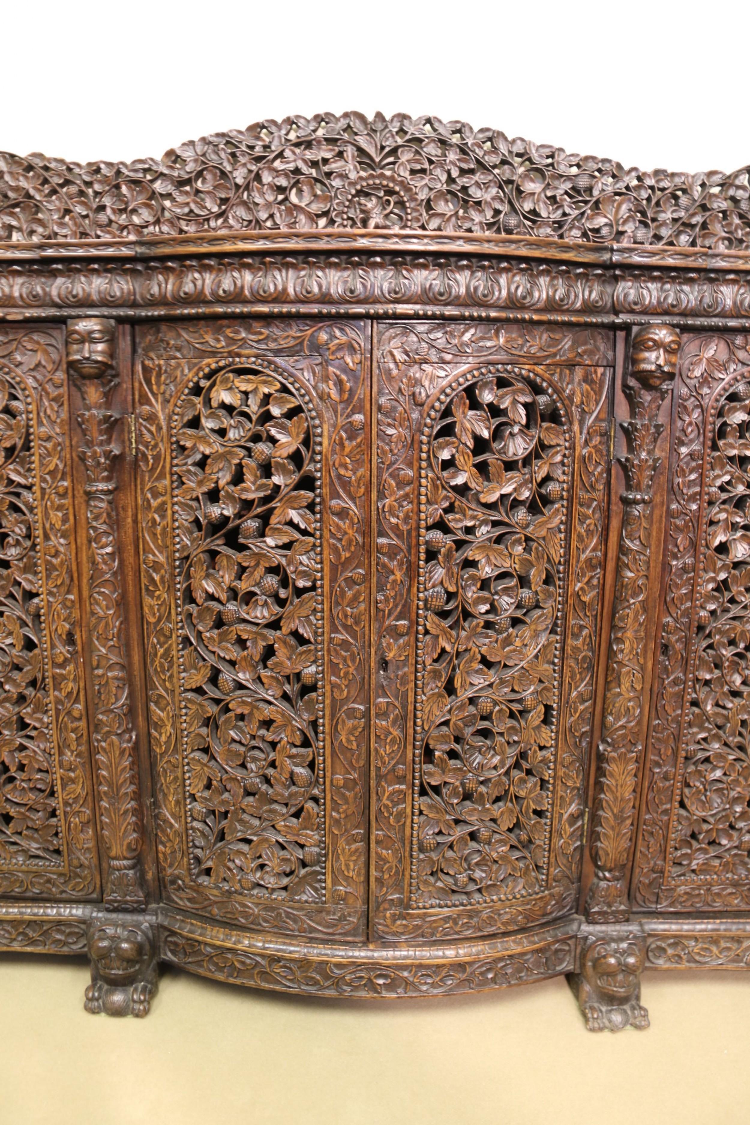 Mid-19th Century 19th Century Indian Ornately Carved Padauk Wood Four-Door Side Cabinet For Sale