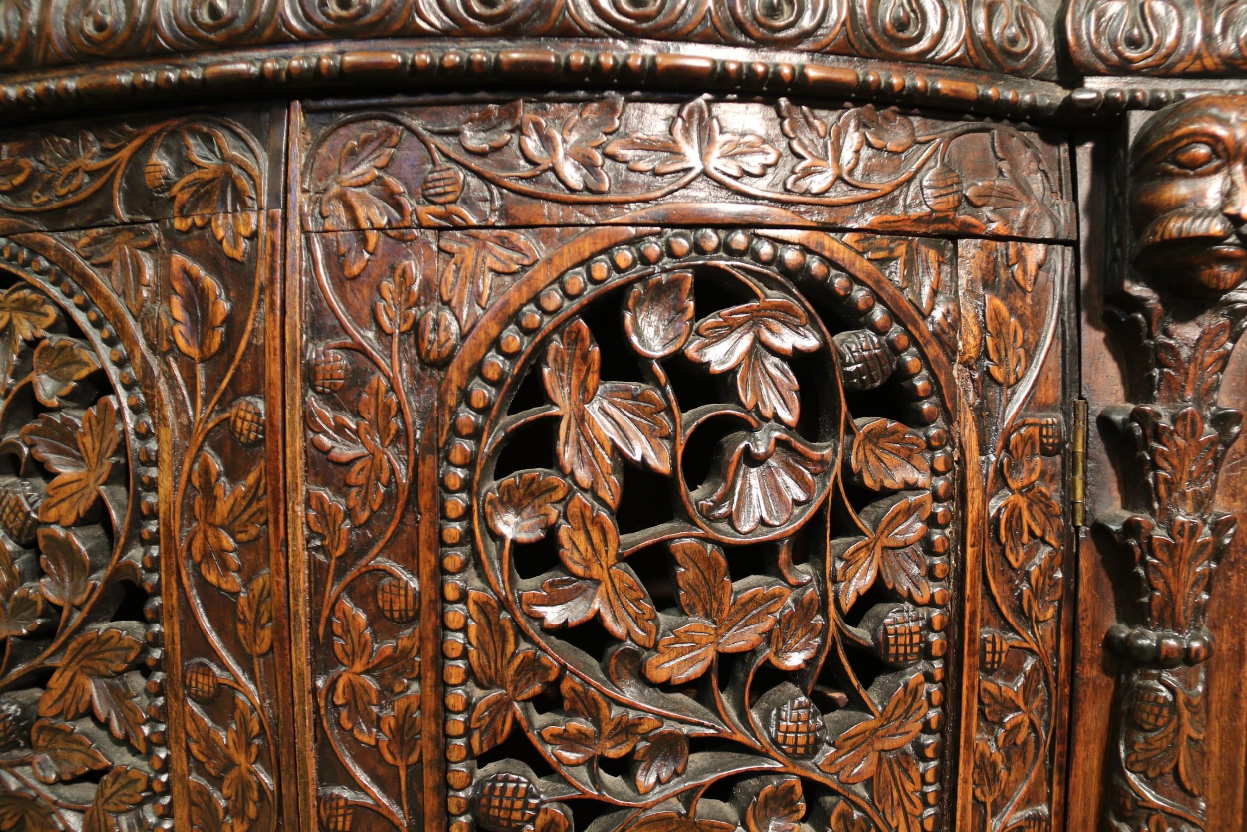 19th Century Indian Ornately Carved Padauk Wood Four-Door Side Cabinet For Sale 1