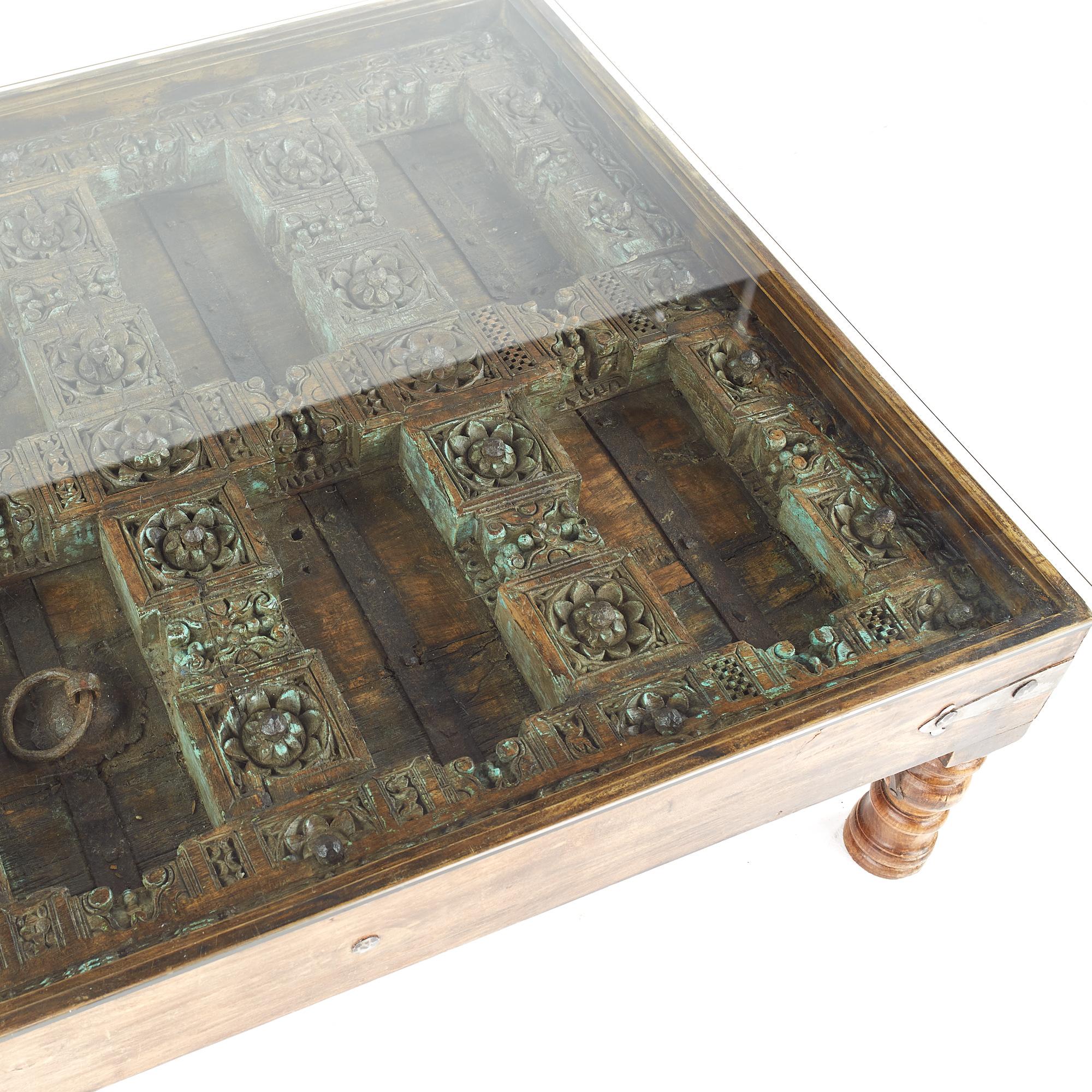American 19th Century Indian Paneled Door with Iron Accents Converted to a Coffee Table