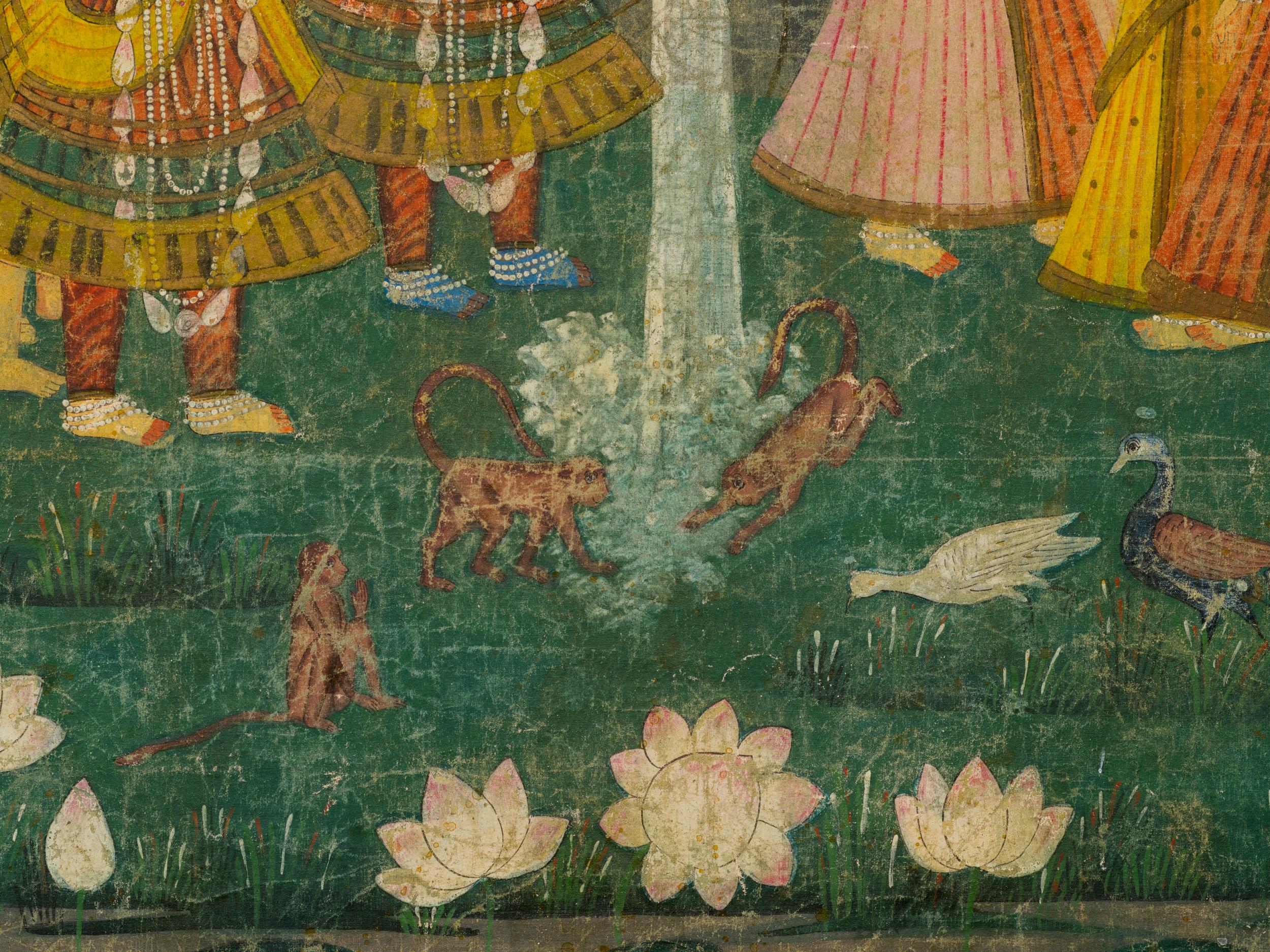 19th Century Indian Pichhwai Silk Painting of Krishna and Gopis For Sale 2