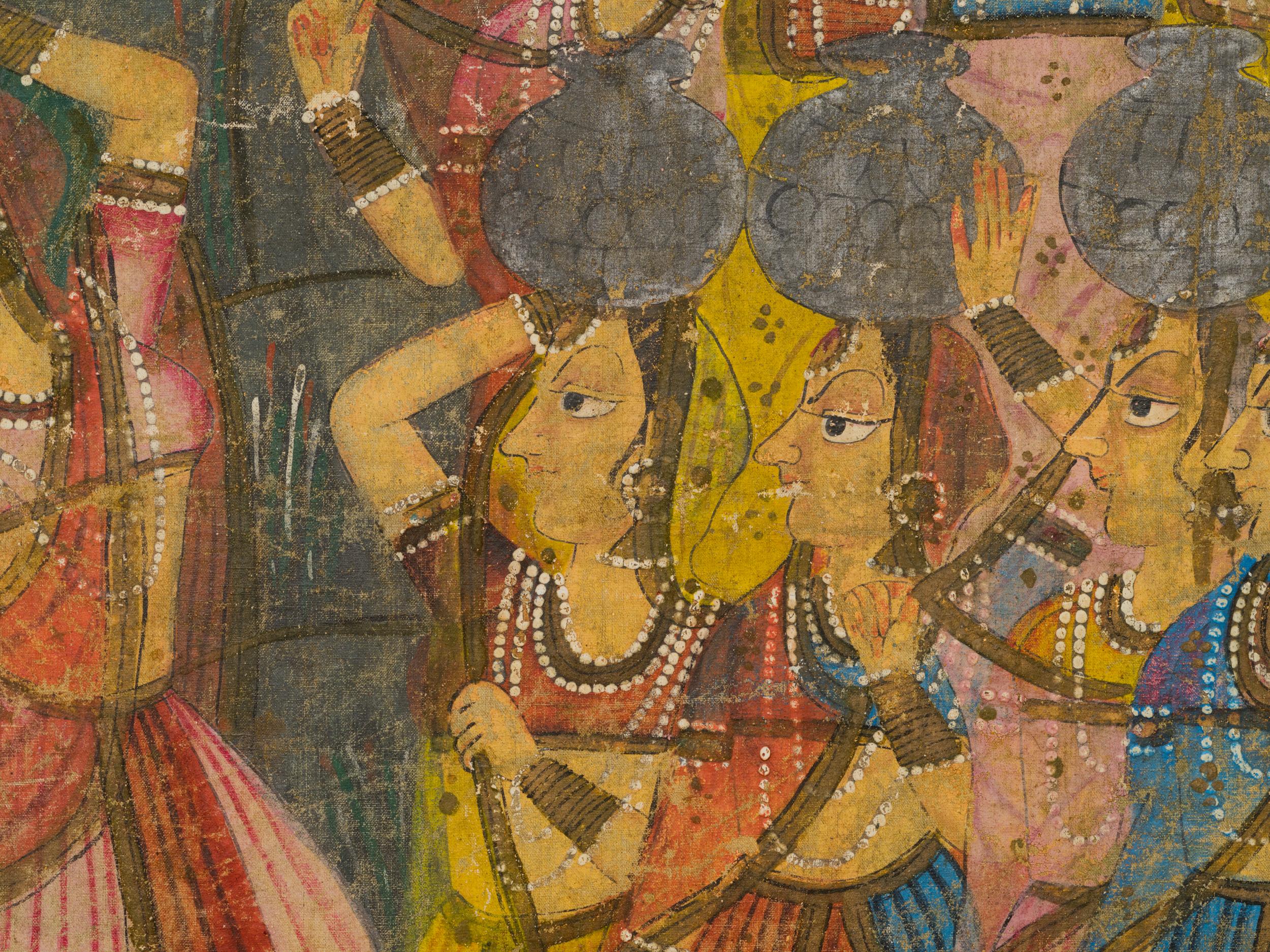 19th Century Indian Pichhwai Silk Painting of Krishna and Gopis In Good Condition For Sale In New York, NY
