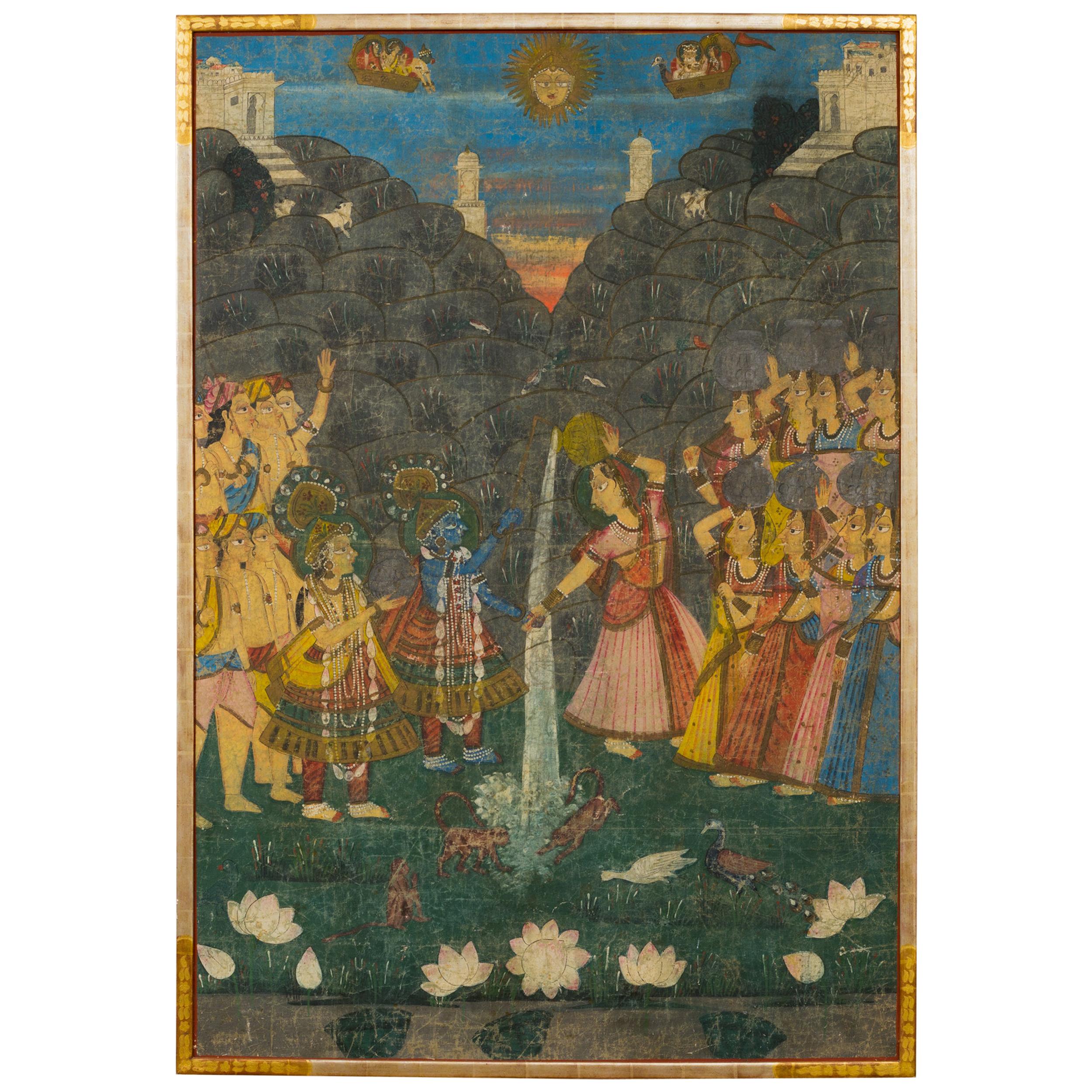 19th Century Indian Pichhwai Silk Painting of Krishna and Gopis For Sale