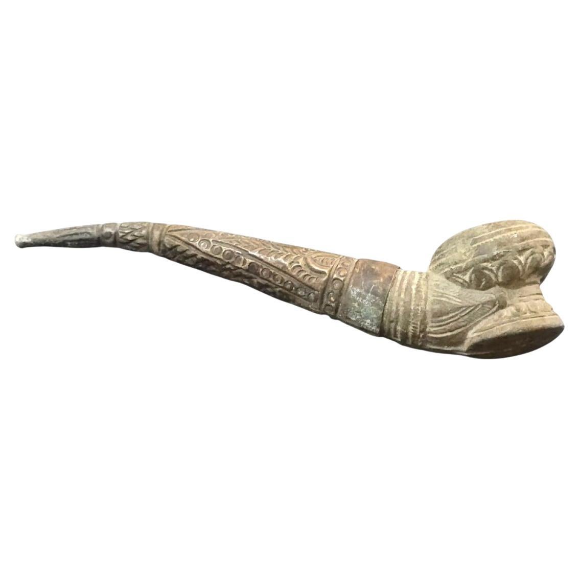 19th Century Indian Pipe – Carved Stone and Silver-Plated Metal