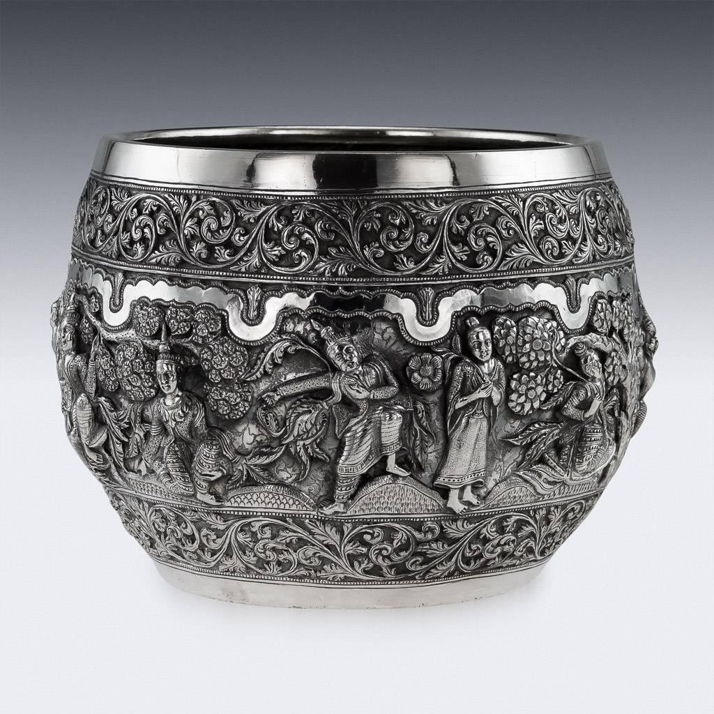 Antique 19th century Indian solid silver bowl, of traditional shape and impressive size, highly-decorative, embossed with various scenes from Ramayana (ancient Indian epic poem which depicts the struggles of the divine prince Rama to rescue his wife