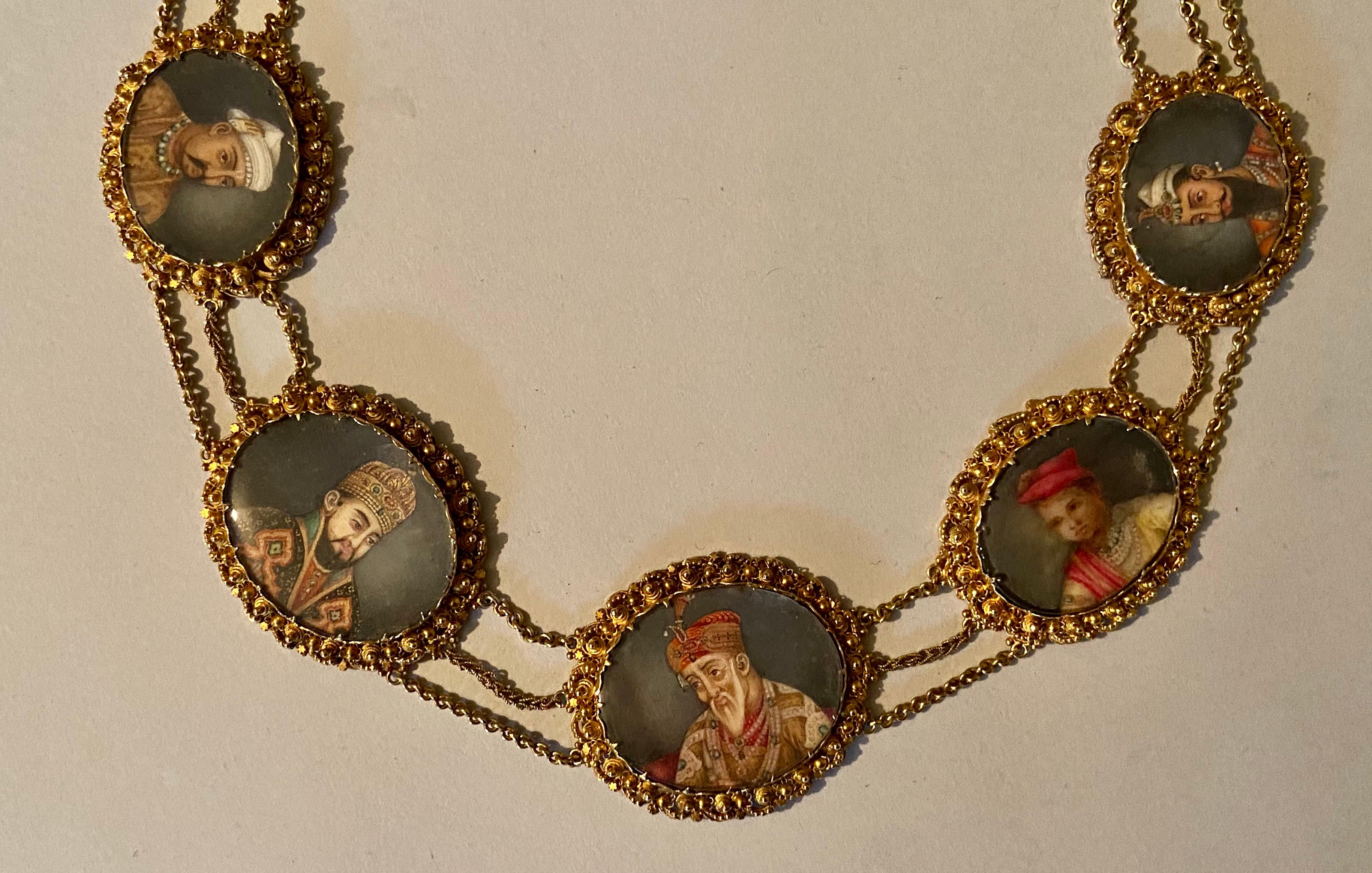 Anglo-Indian 19th Century Indian Portrait Miniatures Set in a Gold Necklace For Sale