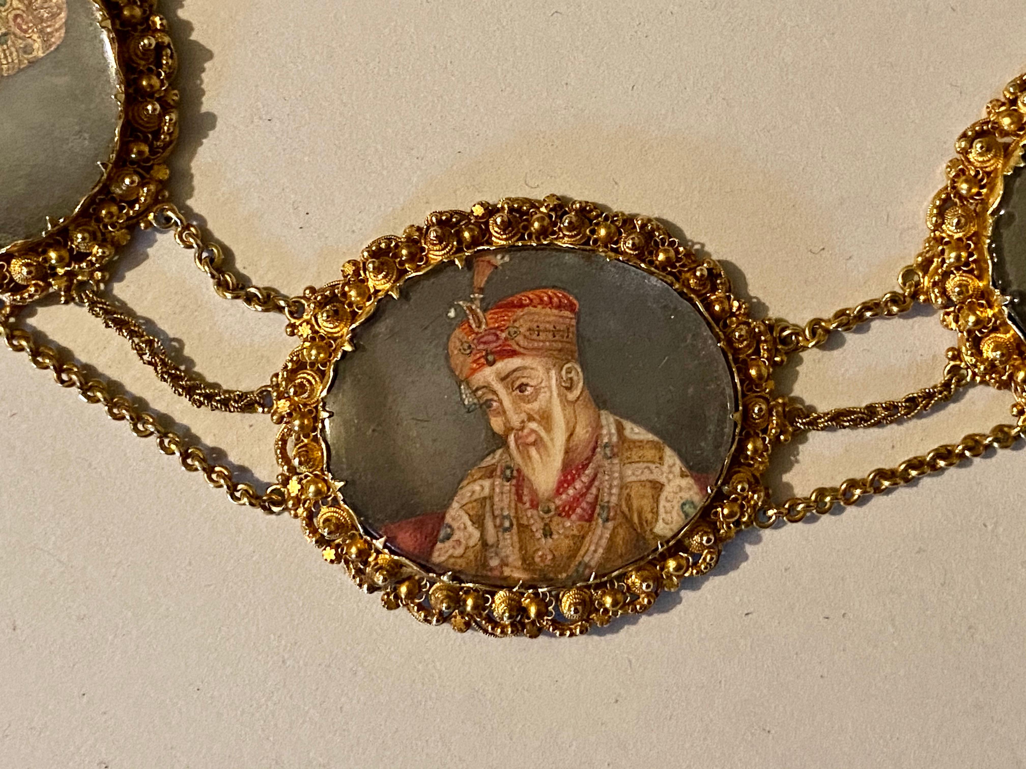 Other 19th Century Indian Portrait Miniatures Set in a Gold Necklace For Sale