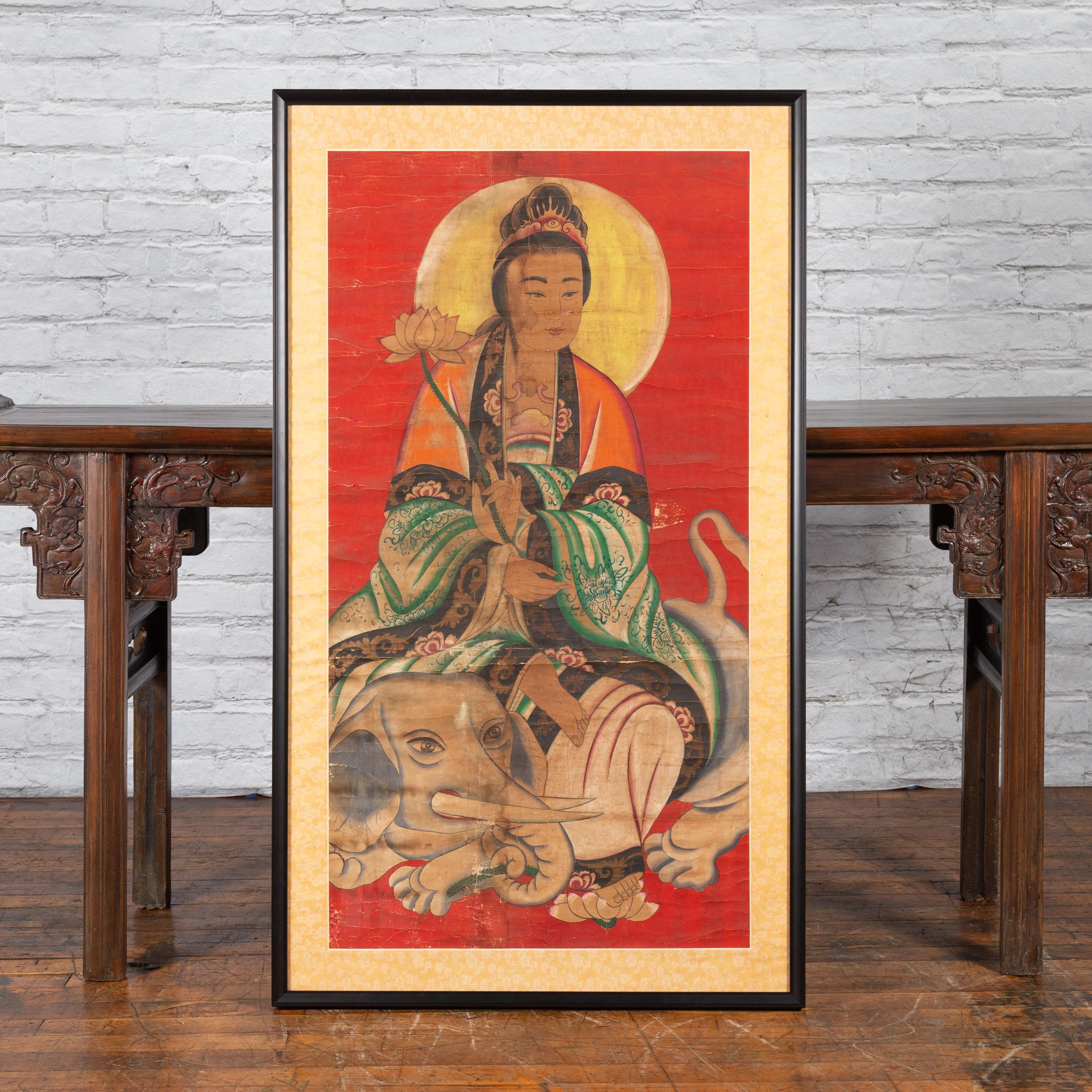 19th Century Indian Print with Guanyin the Bodhisattva of Compassion on Elephant In Good Condition For Sale In Yonkers, NY